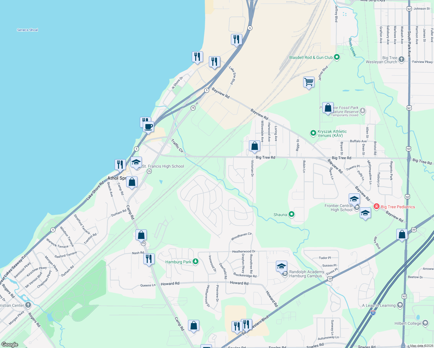 map of restaurants, bars, coffee shops, grocery stores, and more near 3581L 19 Big Tree Road in Hamburg