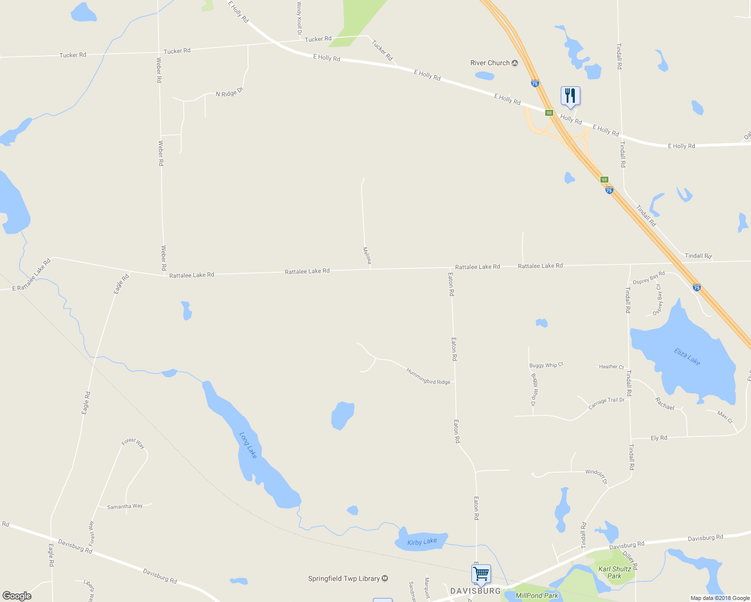 map of restaurants, bars, coffee shops, grocery stores, and more near 13101 Rattalee Lake Road in Oakland County