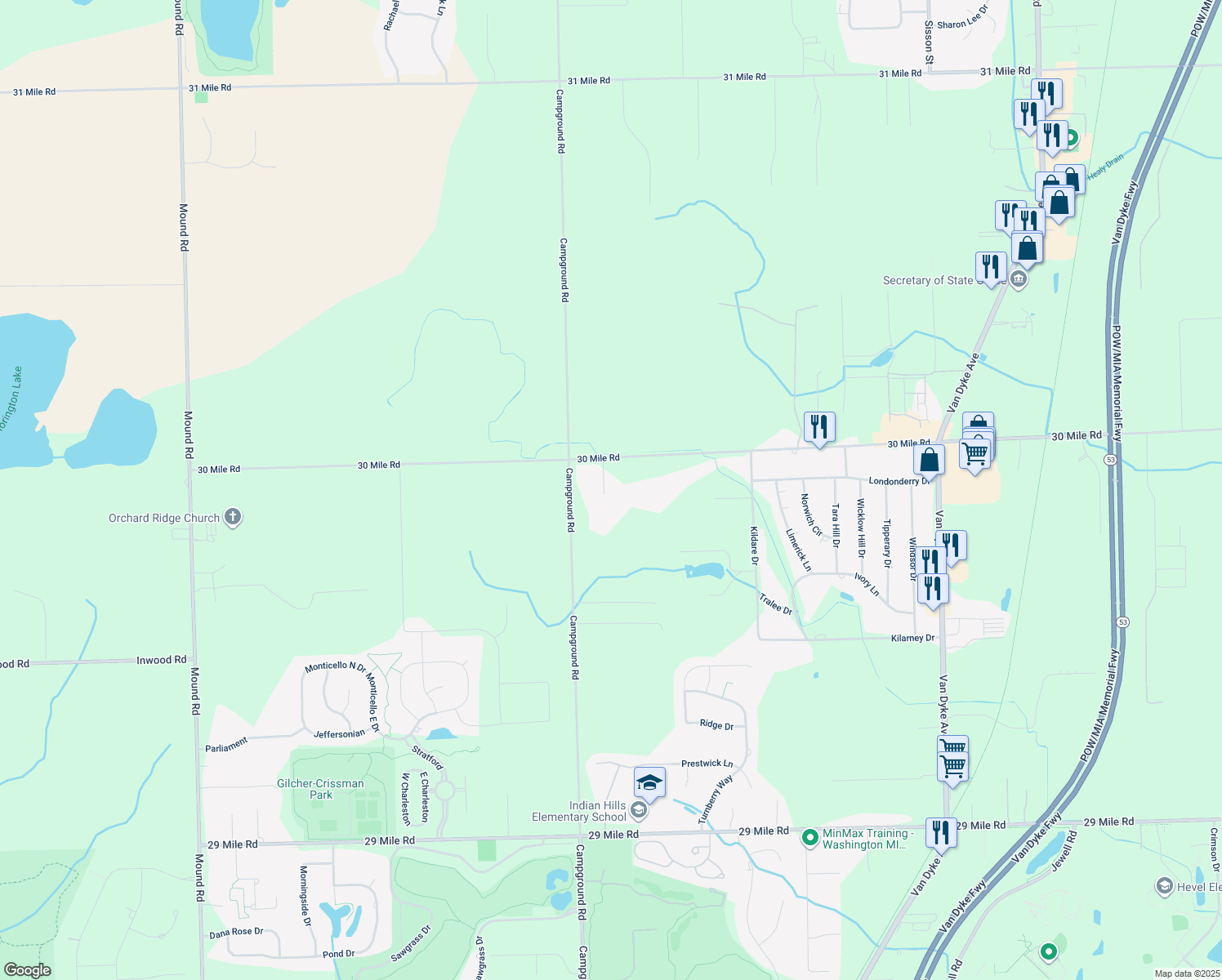 map of restaurants, bars, coffee shops, grocery stores, and more near 8210 30 Mile Road in Washington