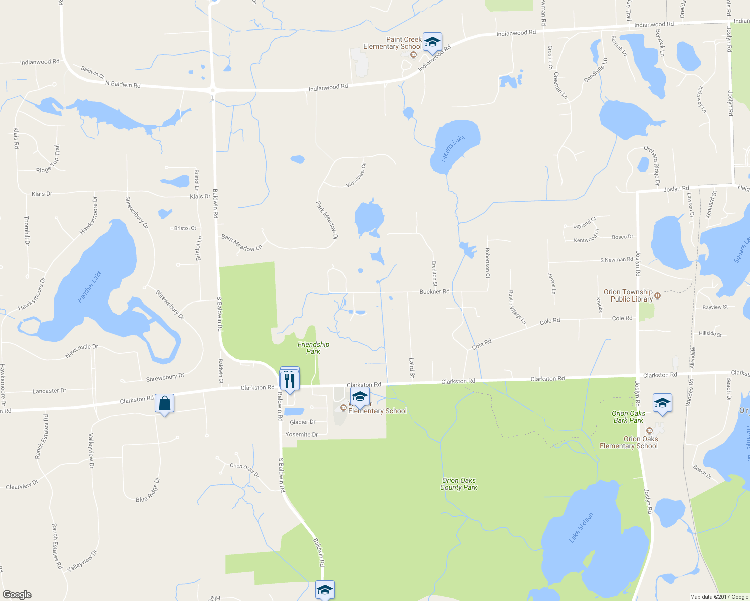 map of restaurants, bars, coffee shops, grocery stores, and more near 3019 Buckner Road in Orion charter Township