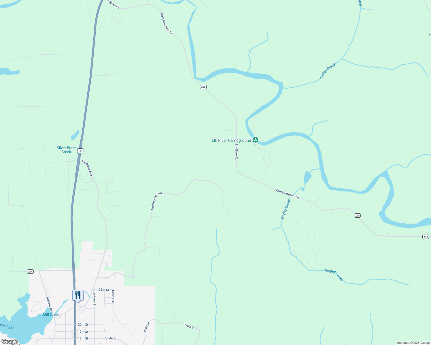 map of restaurants, bars, coffee shops, grocery stores, and more near 42837 Hensley Hill Road in Port Orford