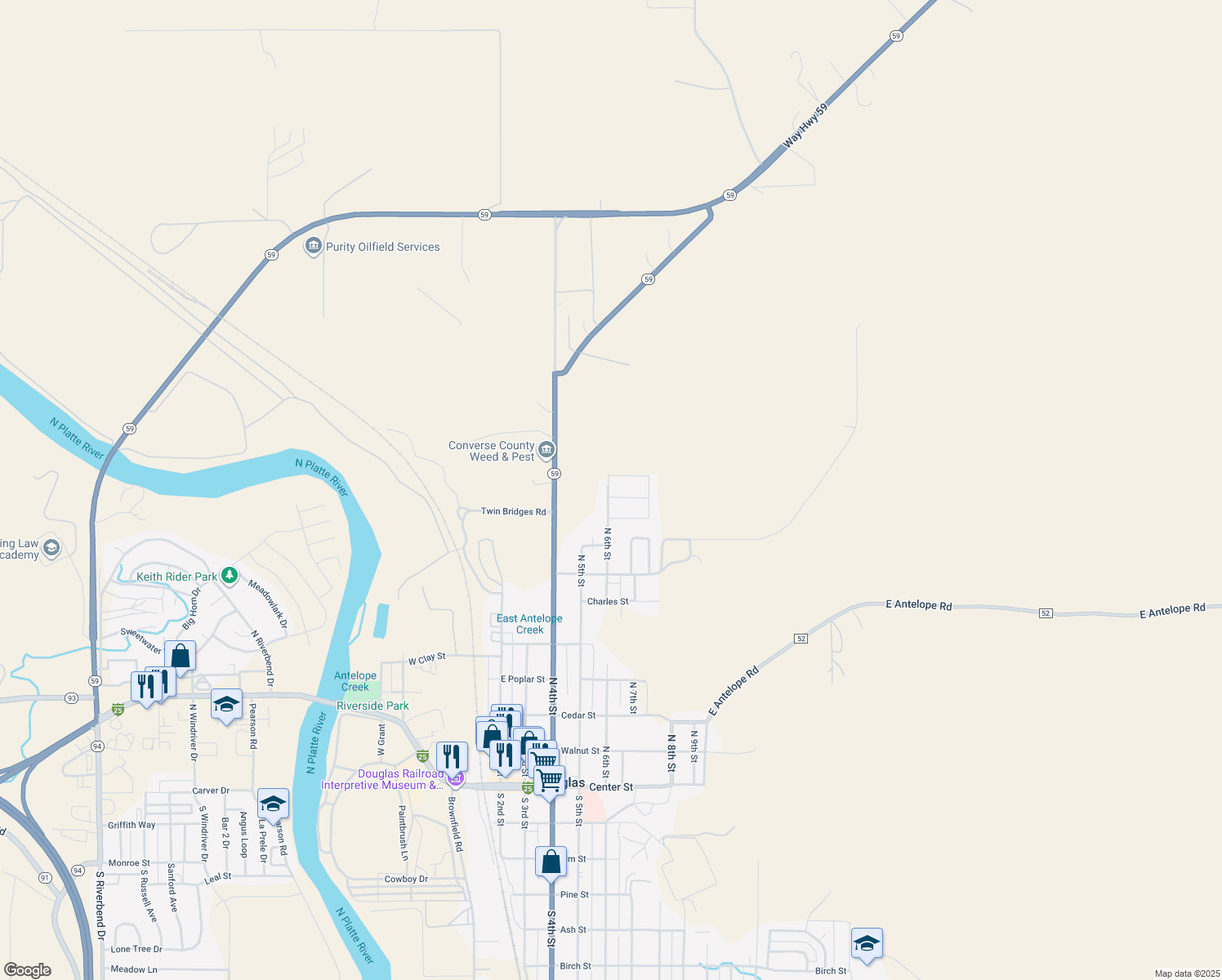 map of restaurants, bars, coffee shops, grocery stores, and more near 602 Olds Drive in Douglas