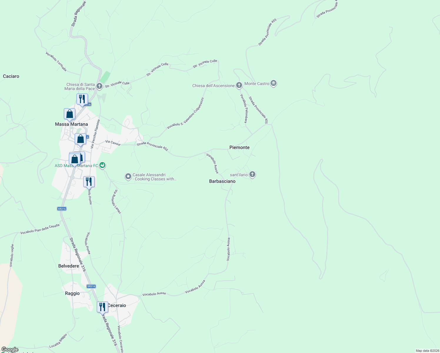 map of restaurants, bars, coffee shops, grocery stores, and more near 300 Vocabolo Aussa in Barbasciano