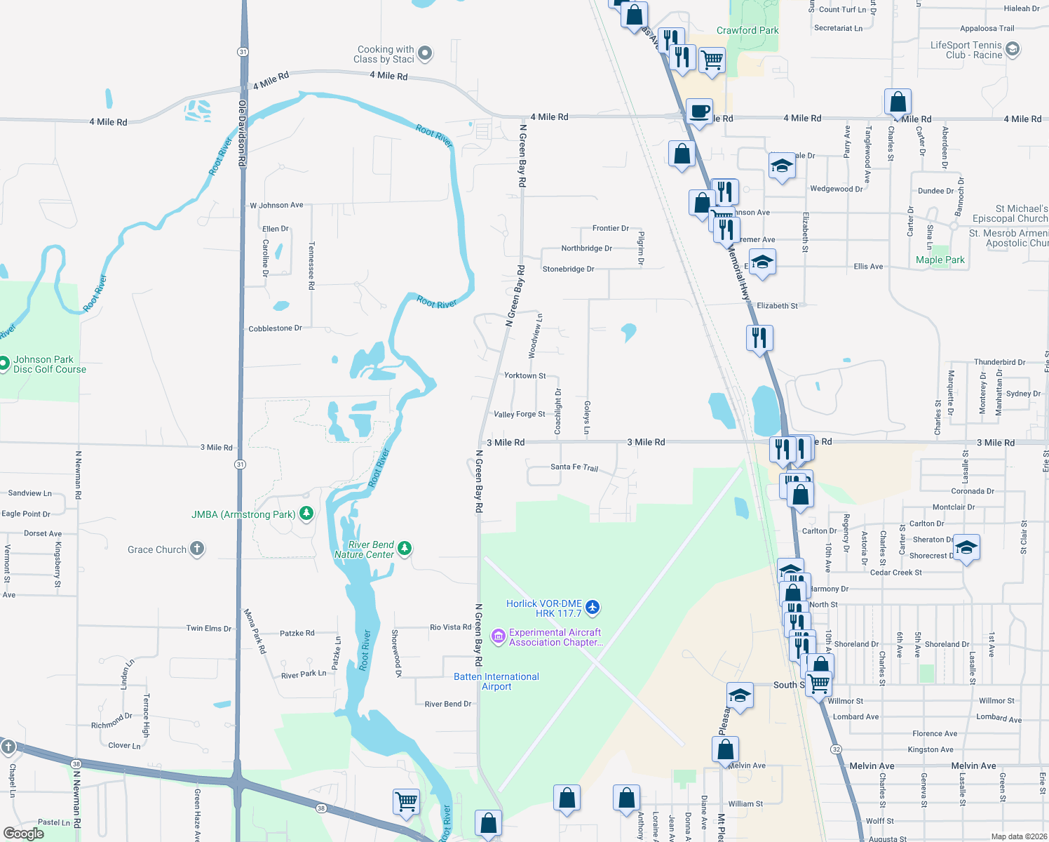 map of restaurants, bars, coffee shops, grocery stores, and more near 3129 Valley Forge Street in Racine