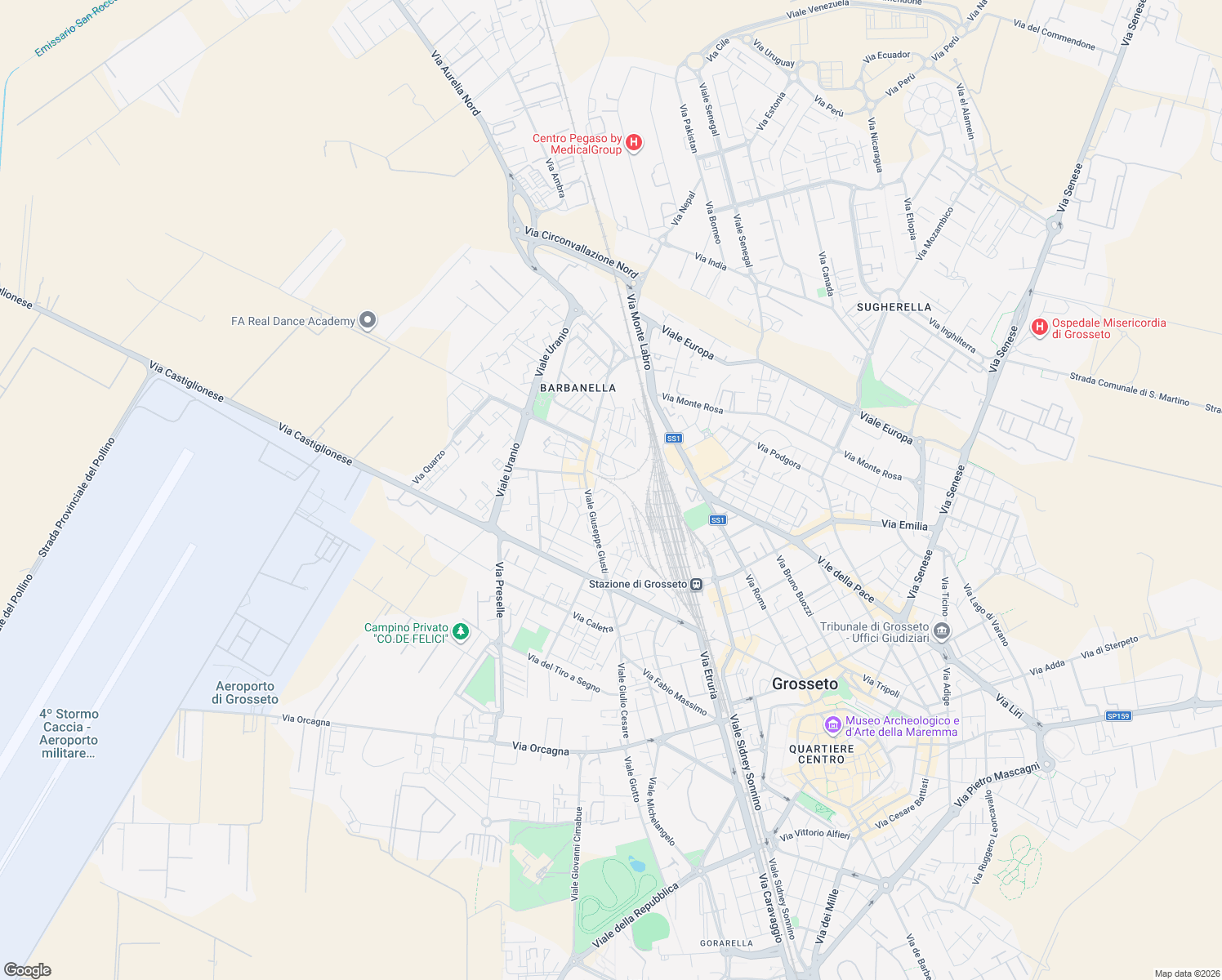 map of restaurants, bars, coffee shops, grocery stores, and more near 32-42 Via Giacomo Leopardi in Grosseto