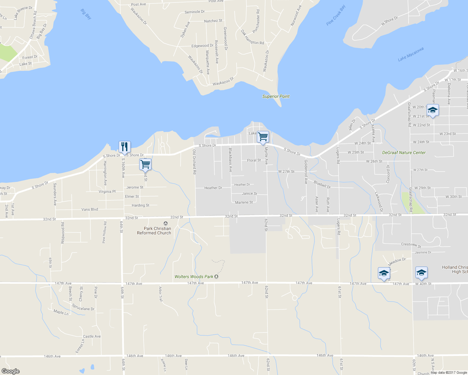 map of restaurants, bars, coffee shops, grocery stores, and more near 1268 Heather Drive in Holland