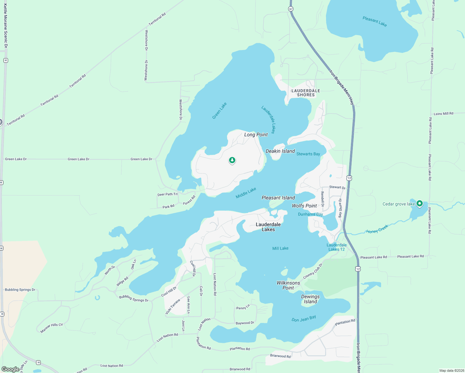 map of restaurants, bars, coffee shops, grocery stores, and more near W5553 Oak Park Road in Elkhorn