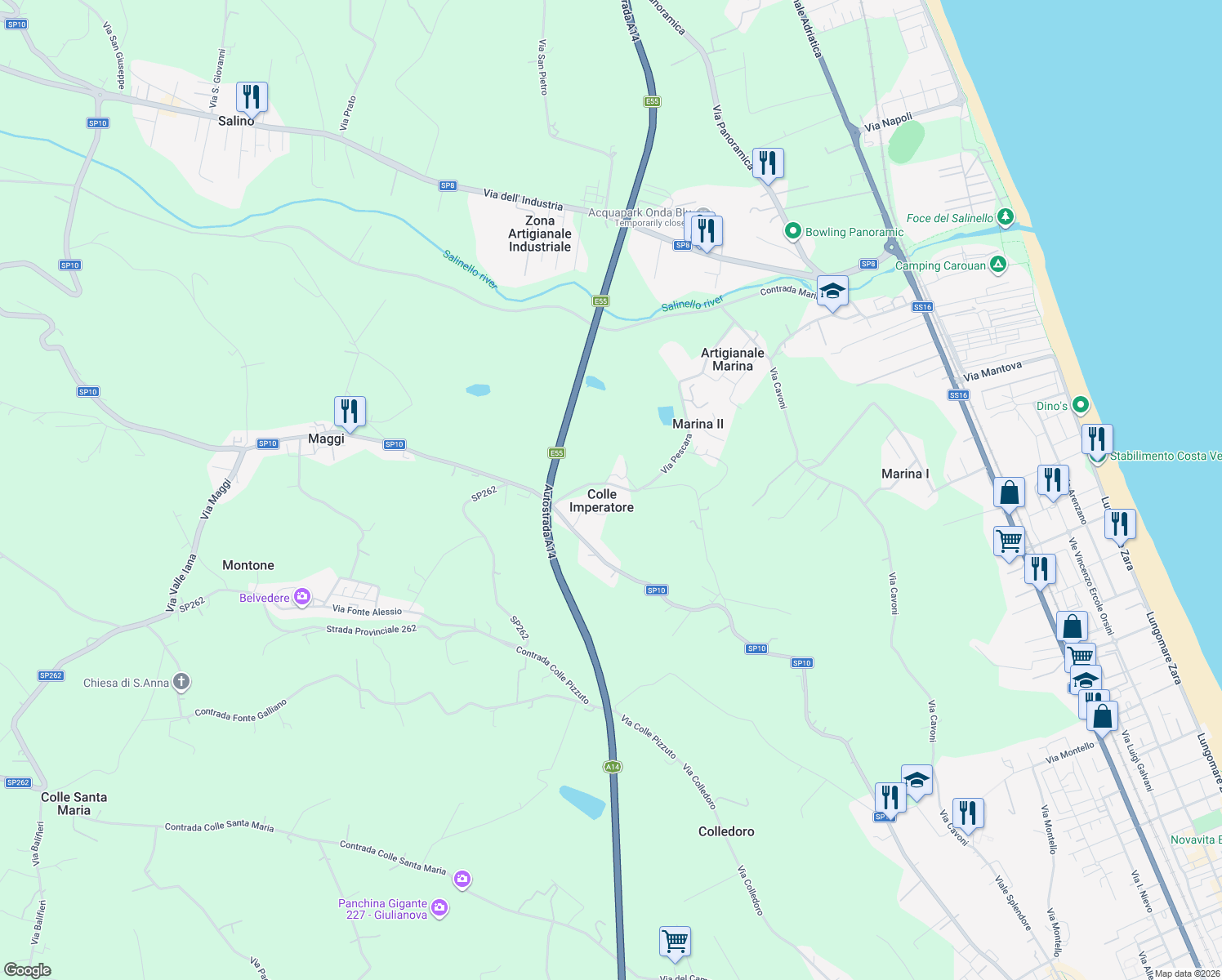 map of restaurants, bars, coffee shops, grocery stores, and more near 10 SP10 in Colle Imperatore