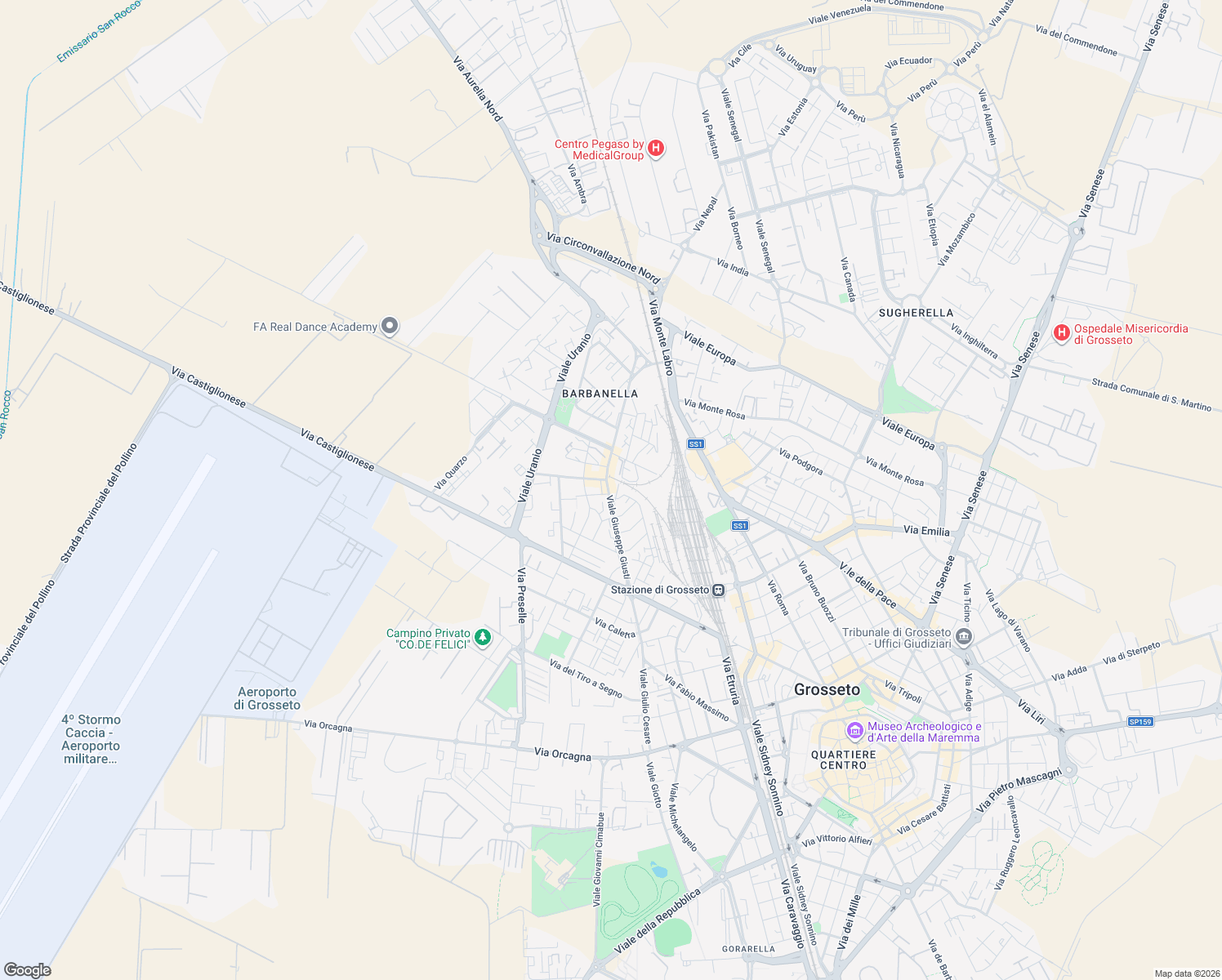 map of restaurants, bars, coffee shops, grocery stores, and more near 42 Via Giacomo Leopardi in Grosseto