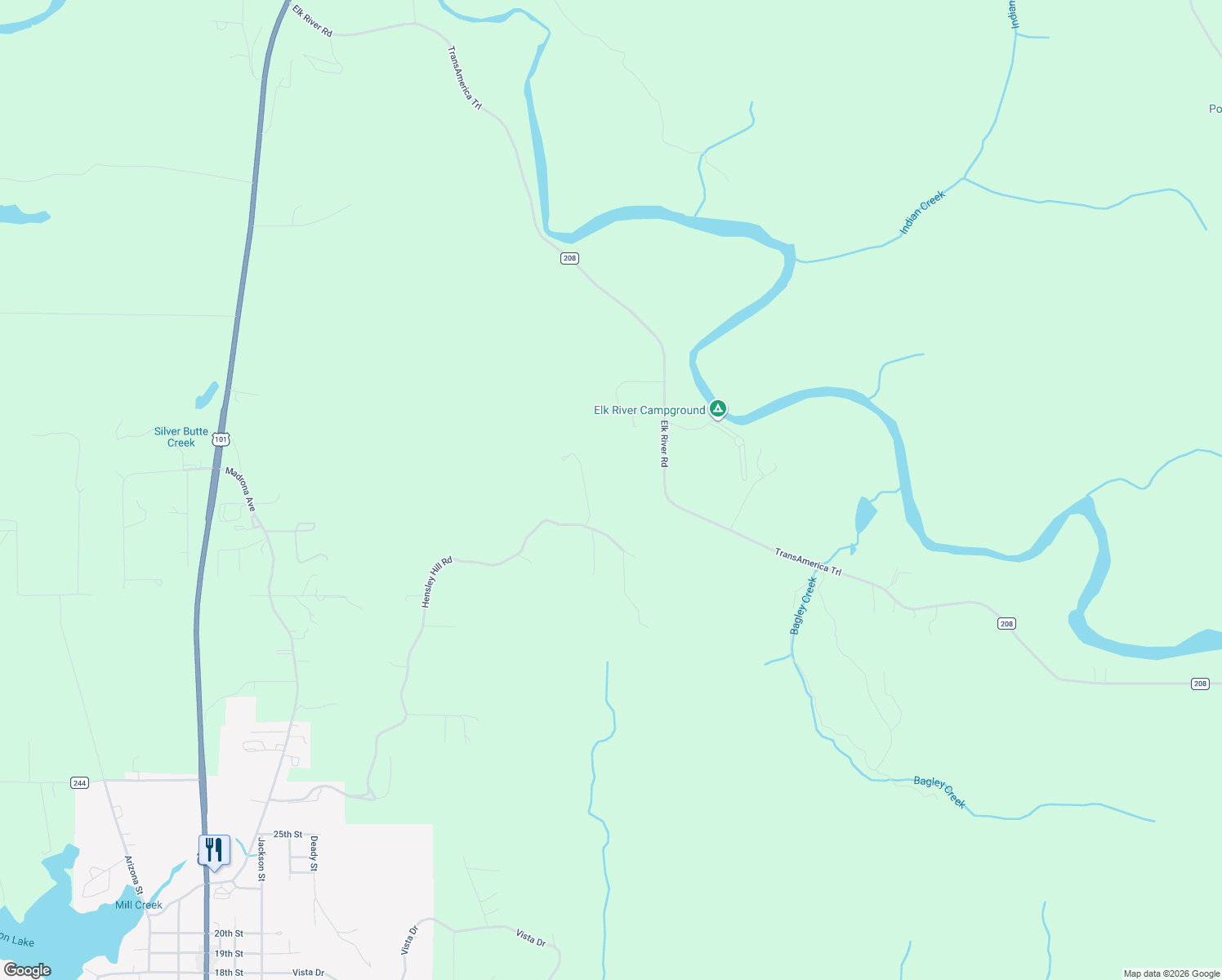 map of restaurants, bars, coffee shops, grocery stores, and more near 42837 Hensley Hill Road in Port Orford