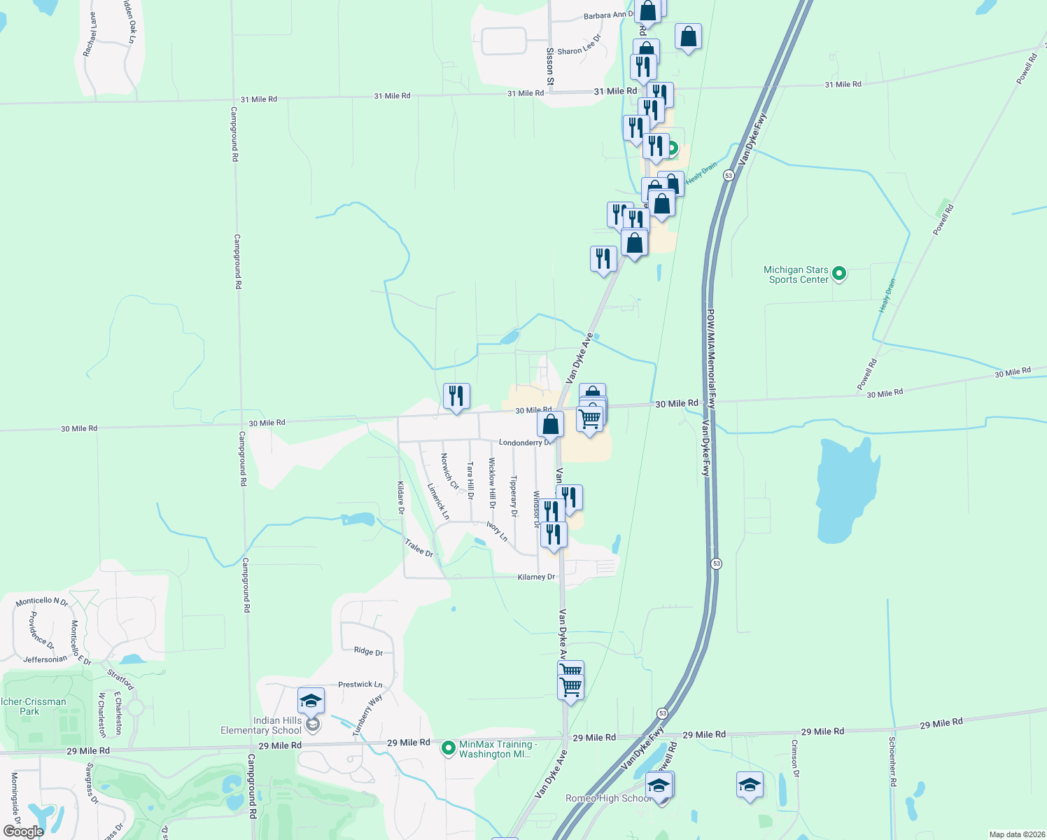 map of restaurants, bars, coffee shops, grocery stores, and more near 11448 30 Mile Rd in Washington