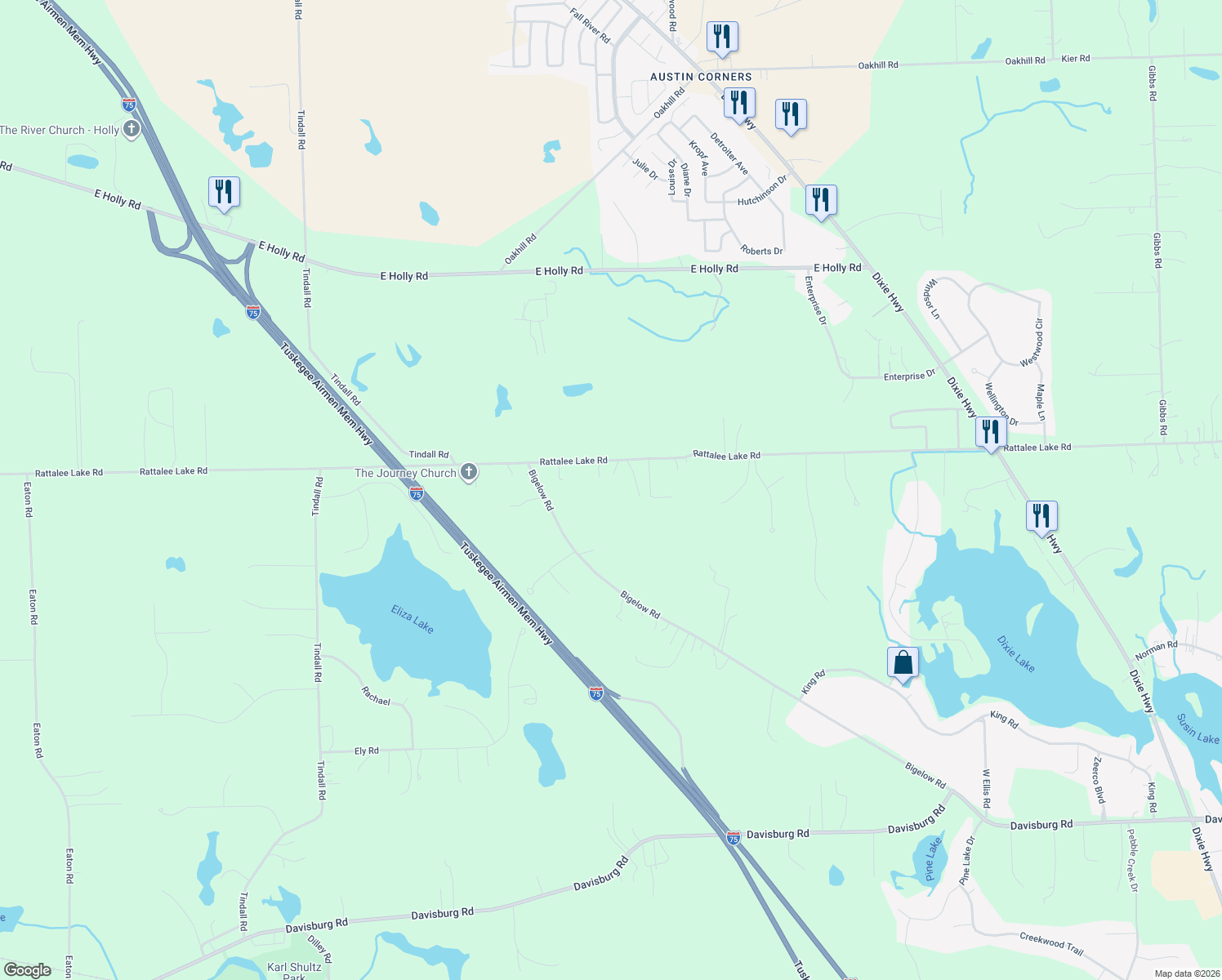 map of restaurants, bars, coffee shops, grocery stores, and more near 11143 Rattalee Lake Road in Oakland County