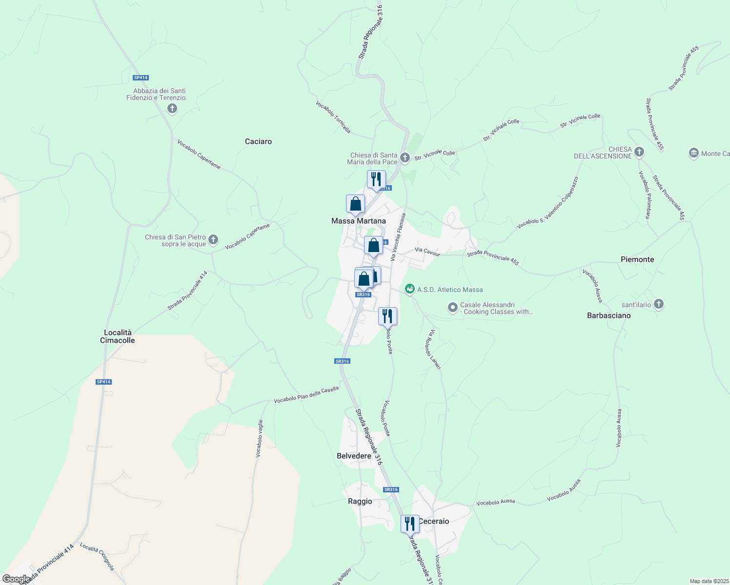 map of restaurants, bars, coffee shops, grocery stores, and more near 64 Via Roma in Massa Martana
