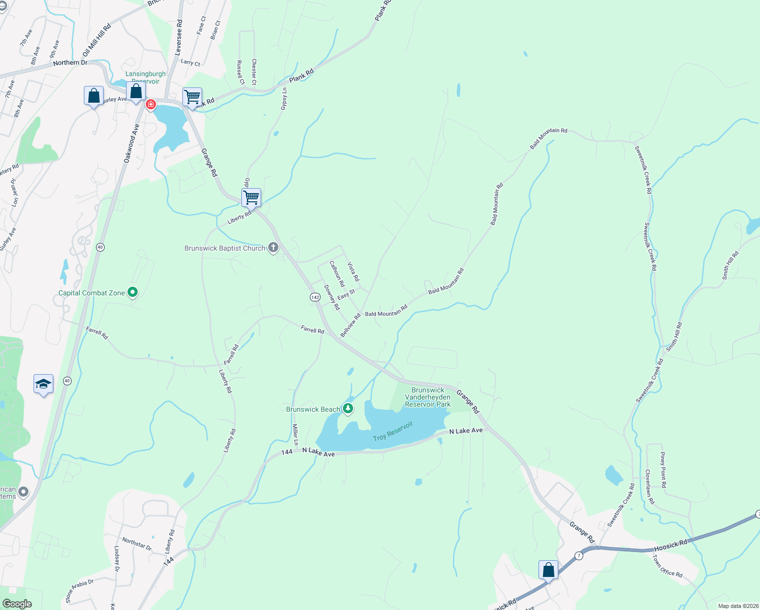 map of restaurants, bars, coffee shops, grocery stores, and more near 64 Bellview Road in Troy
