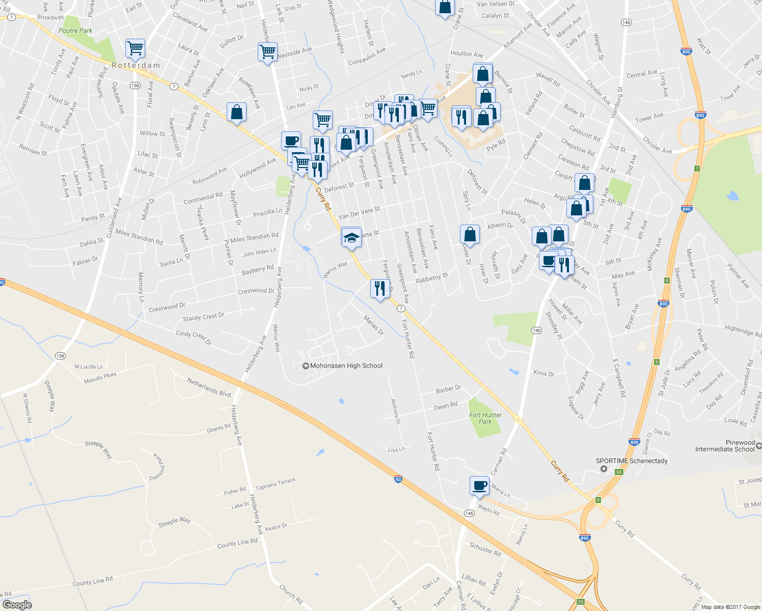 map of restaurants, bars, coffee shops, grocery stores, and more near 2178 Curry Road in Schenectady