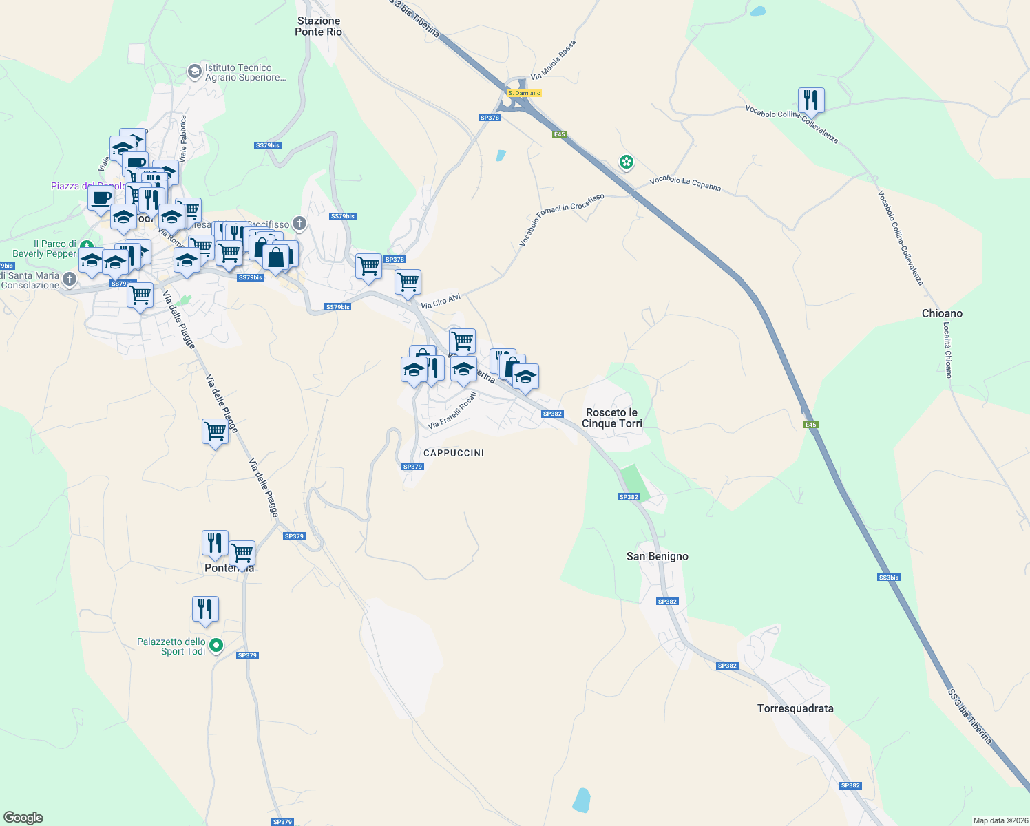 map of restaurants, bars, coffee shops, grocery stores, and more near 15 Via del Broglino in Todi