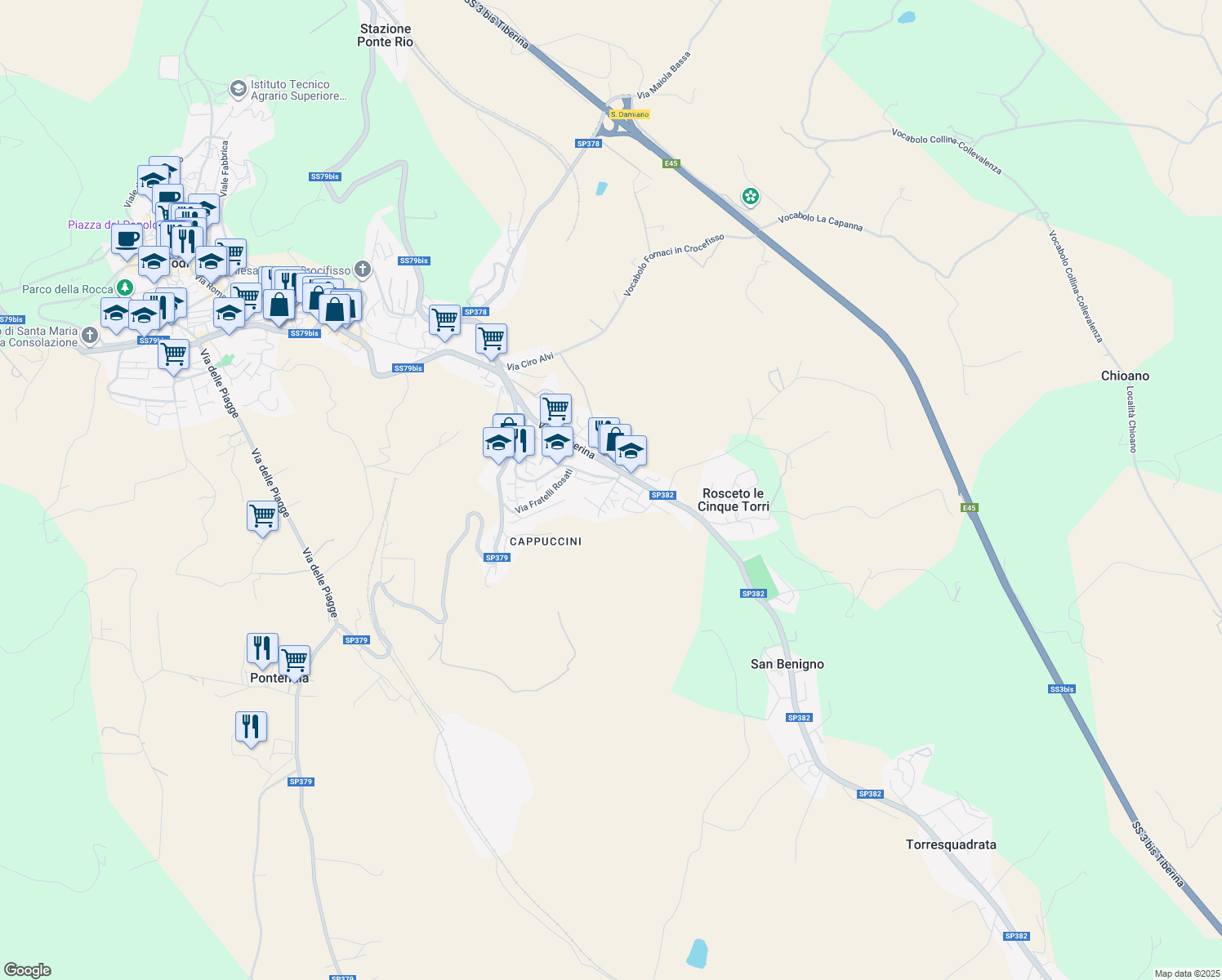 map of restaurants, bars, coffee shops, grocery stores, and more near 12 Via del Broglino in Todi