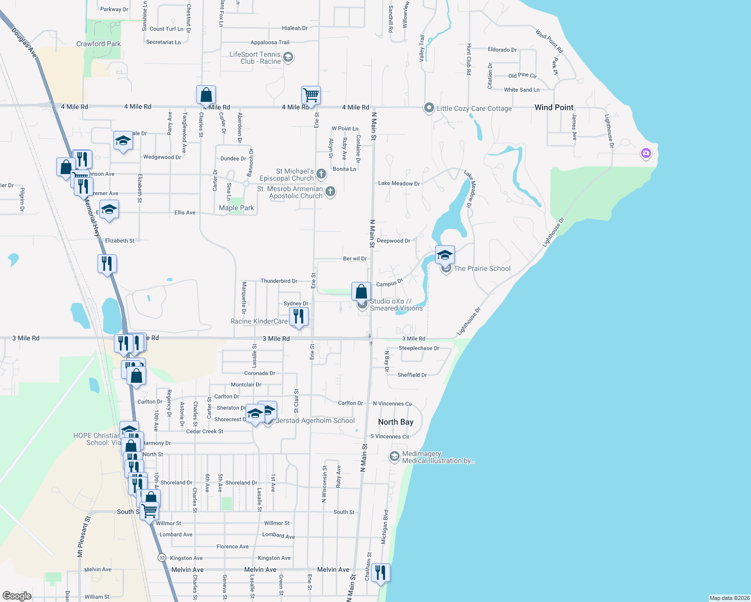 map of restaurants, bars, coffee shops, grocery stores, and more near 151 West Parkfield Court in Wind Point