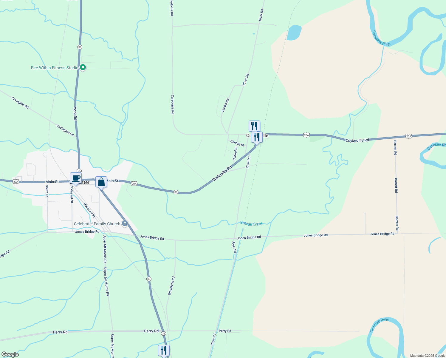 map of restaurants, bars, coffee shops, grocery stores, and more near 2844 Cuylerville Road in Leicester