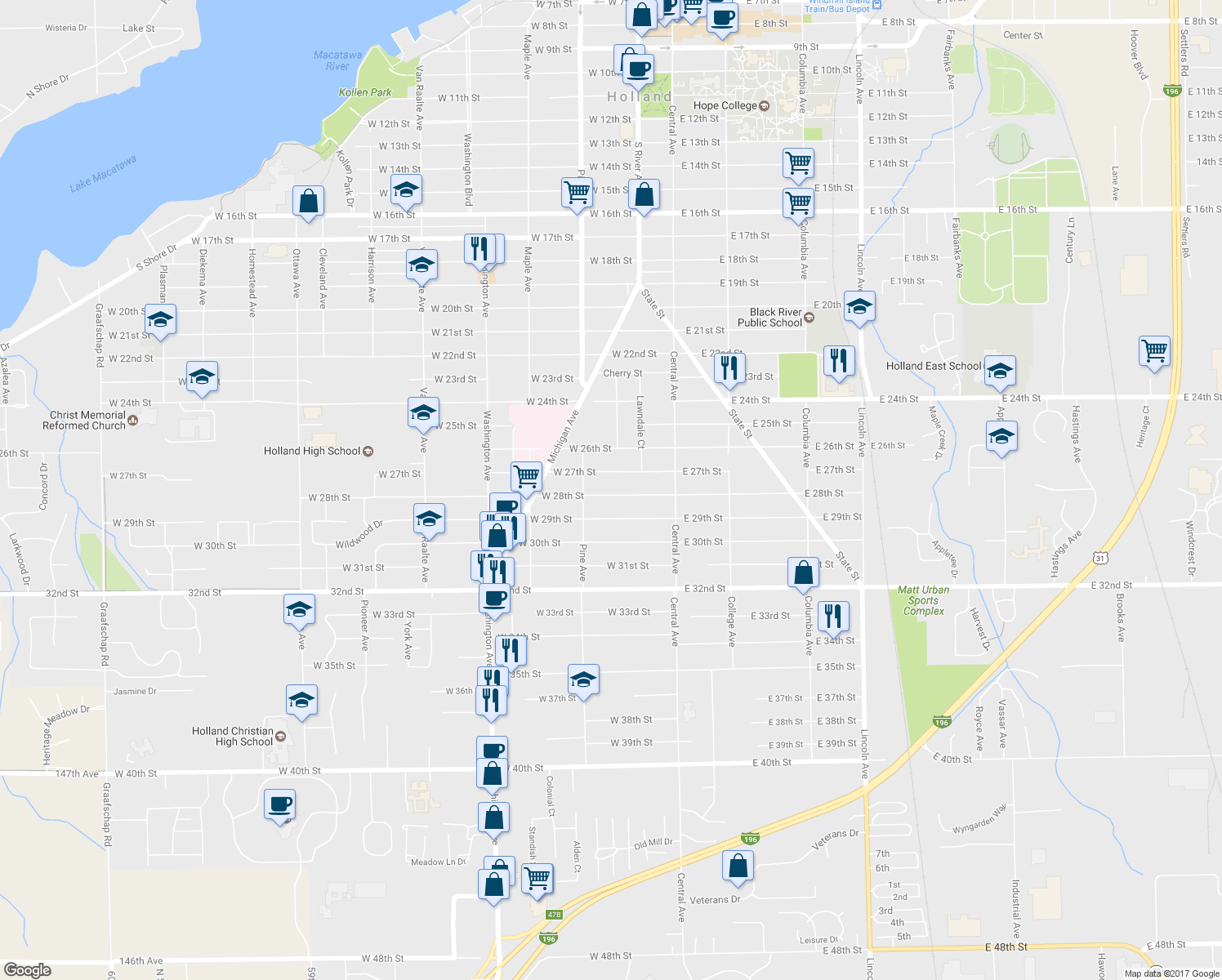 map of restaurants, bars, coffee shops, grocery stores, and more near 71 West 28th Street in Holland
