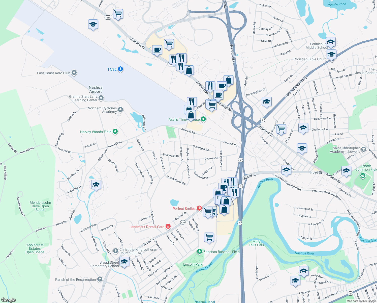 map of restaurants, bars, coffee shops, grocery stores, and more near 6 Rugby Rd in Nashua