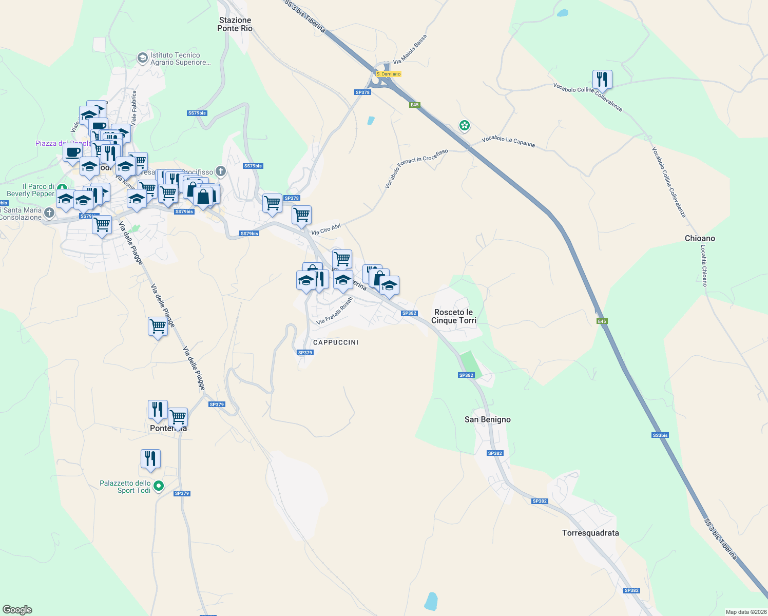map of restaurants, bars, coffee shops, grocery stores, and more near 15 Via del Broglino in Todi
