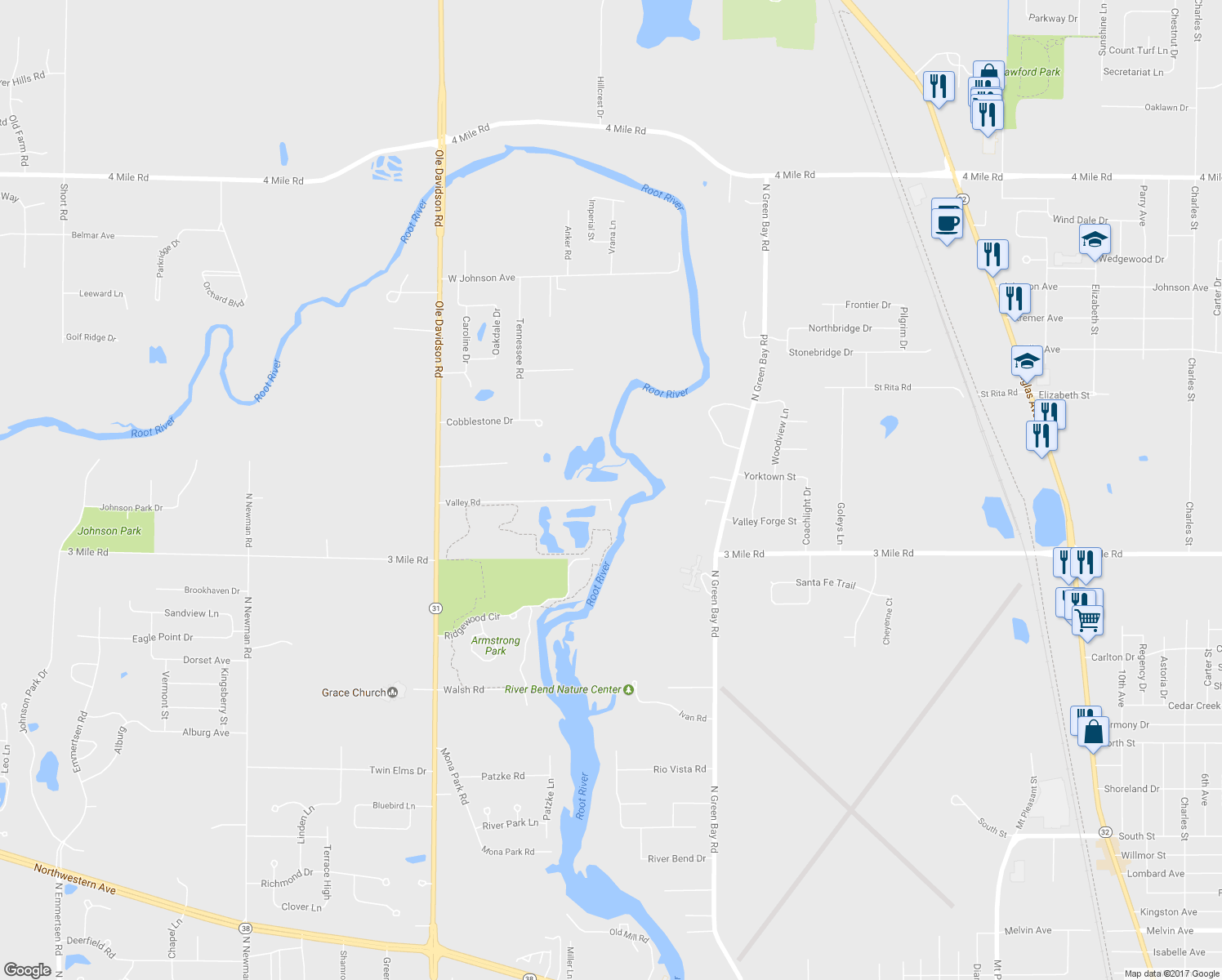 map of restaurants, bars, coffee shops, grocery stores, and more near 3908 Valley Road in Racine