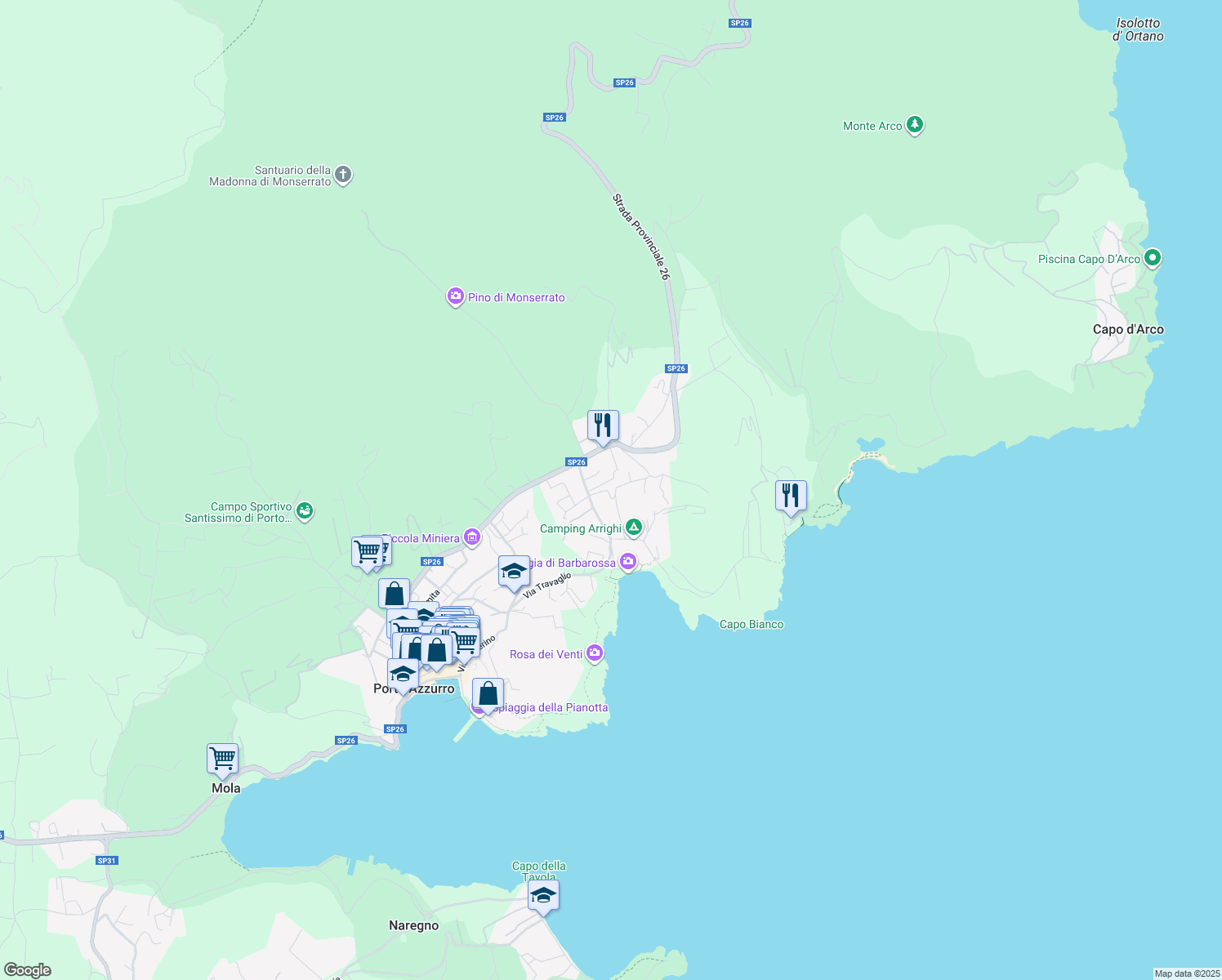 map of restaurants, bars, coffee shops, grocery stores, and more near 9 Via Barbarossa in Provincia di Livorno