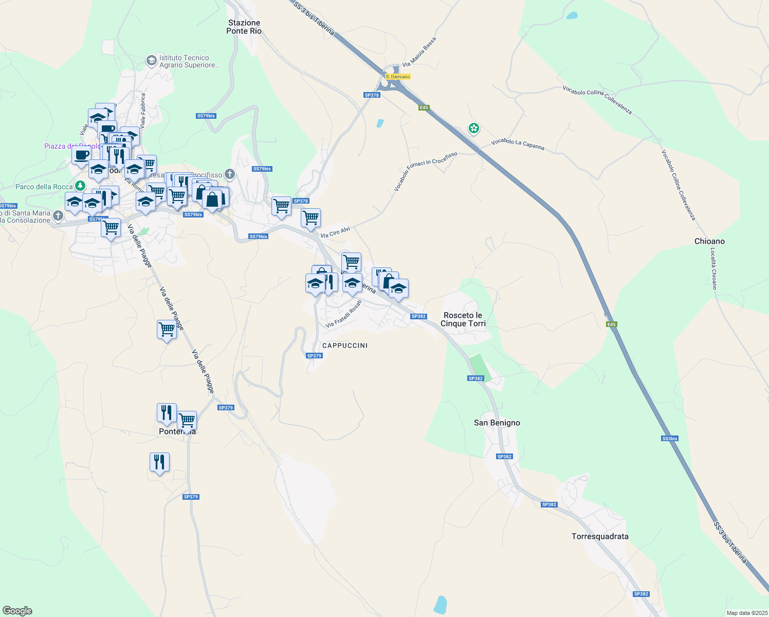 map of restaurants, bars, coffee shops, grocery stores, and more near 12 Via del Broglino in Todi