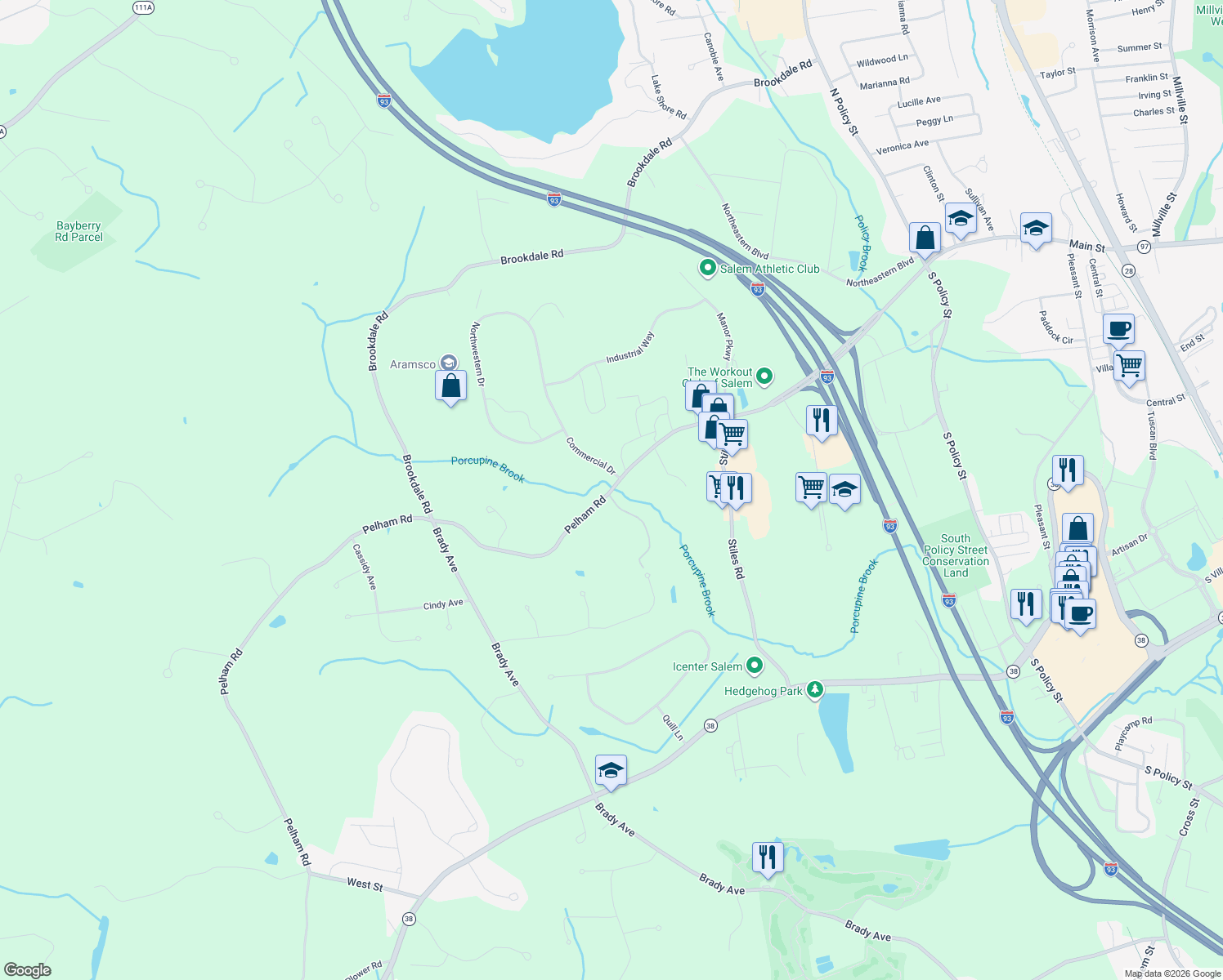 map of restaurants, bars, coffee shops, grocery stores, and more near 65 Pelham Road in Salem