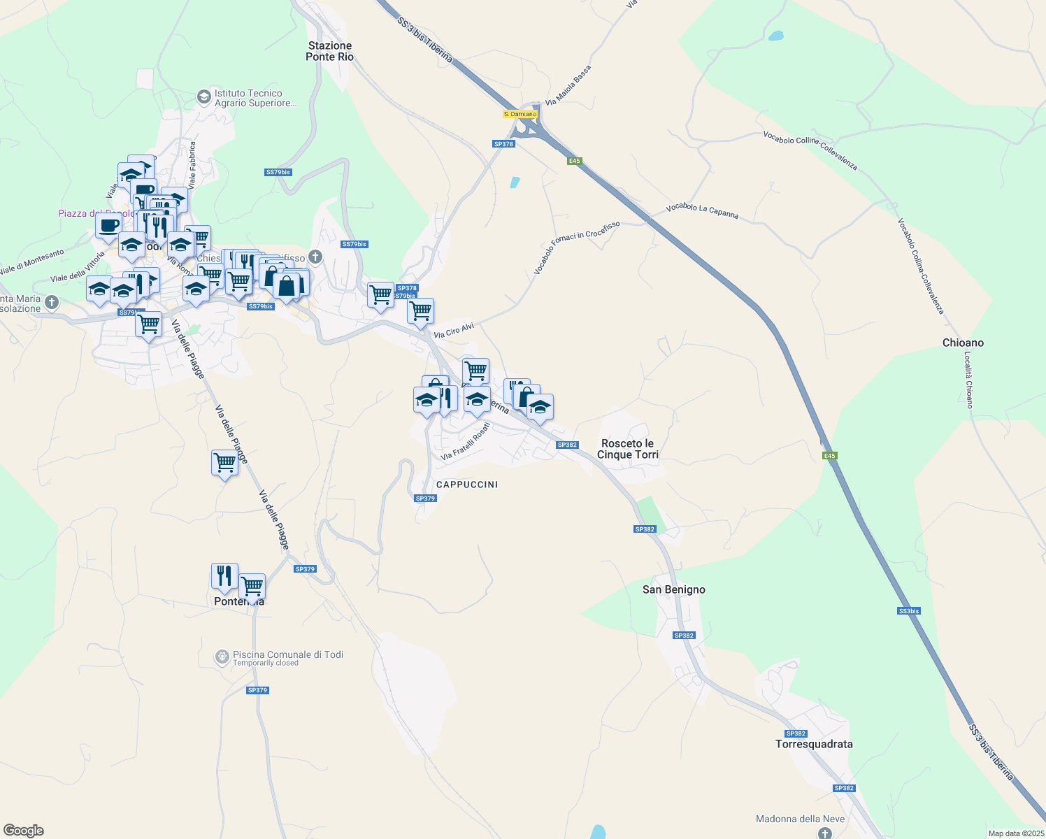 map of restaurants, bars, coffee shops, grocery stores, and more near 39 Via Cappuccini in Todi