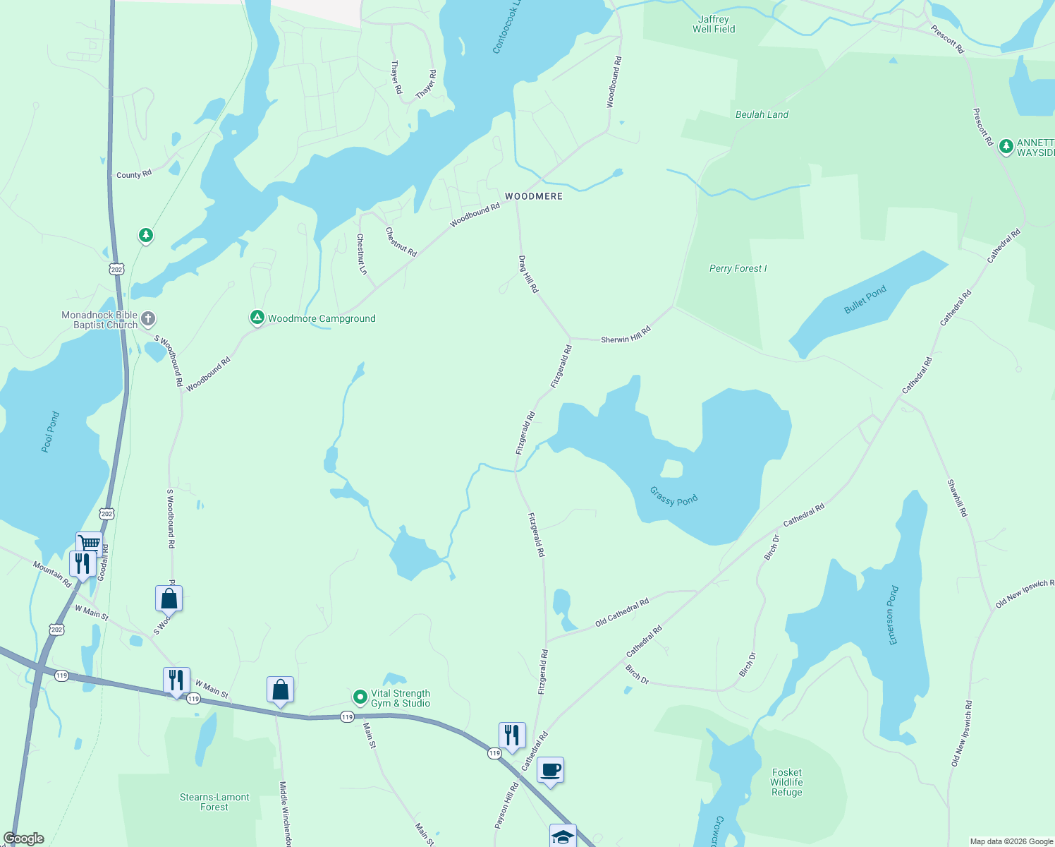 map of restaurants, bars, coffee shops, grocery stores, and more near 54 Fitzgerald Rd in Rindge