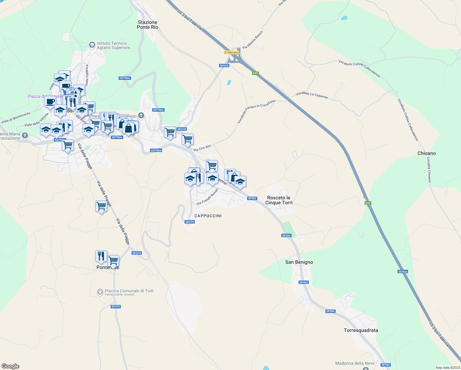 map of restaurants, bars, coffee shops, grocery stores, and more near 39 Via dei Cappuccini in Todi