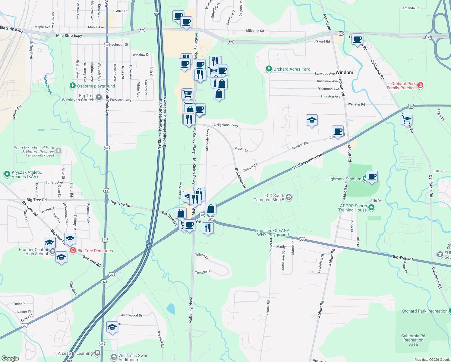 map of restaurants, bars, coffee shops, grocery stores, and more near 4097 Connors Way in Blasdell