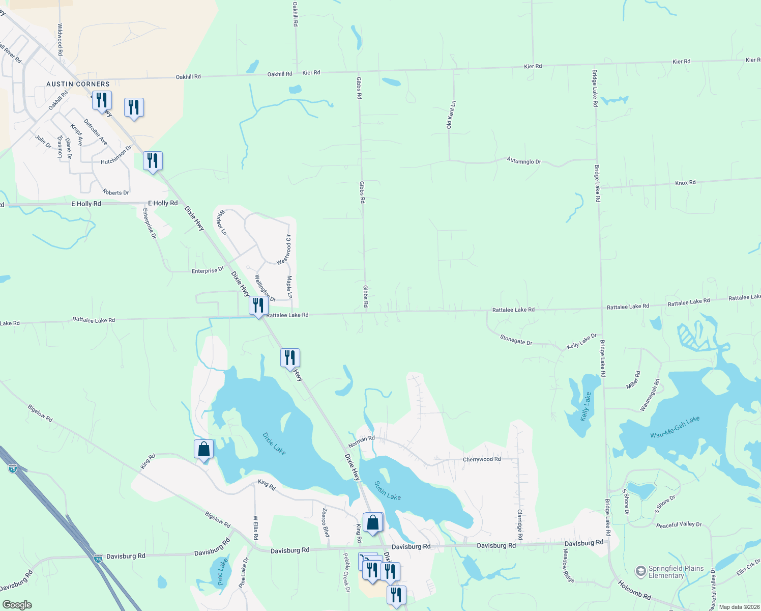 map of restaurants, bars, coffee shops, grocery stores, and more near 9752 Rattalee Lake Rd in Clarkston