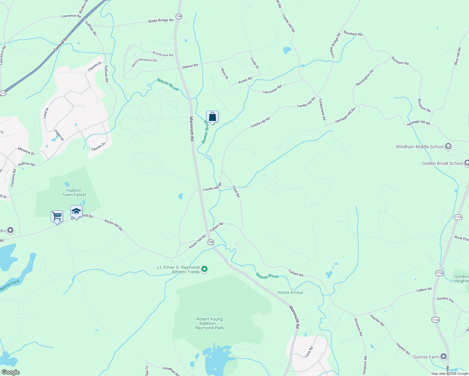 map of restaurants, bars, coffee shops, grocery stores, and more near 9 Field Road in Windham