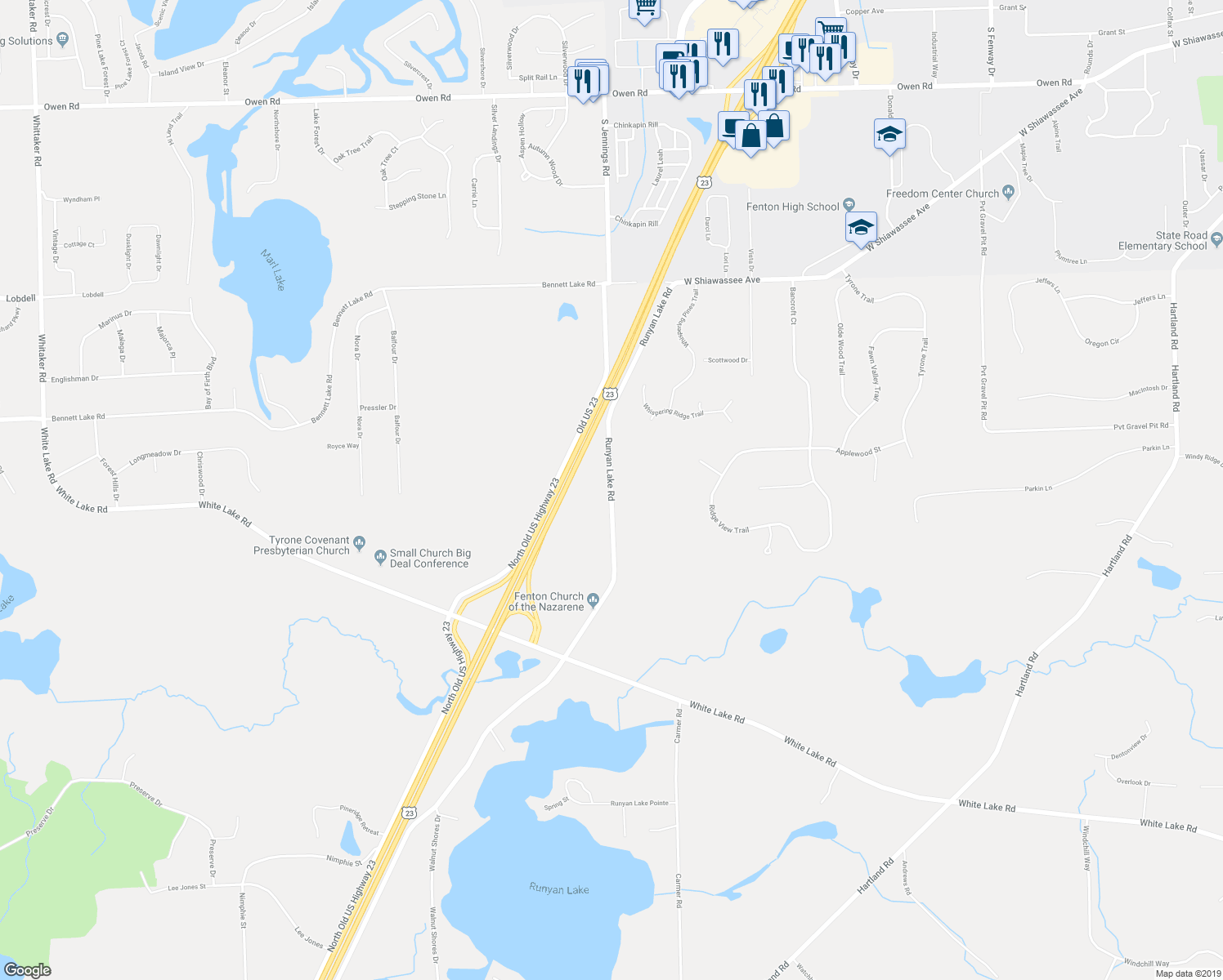 map of restaurants, bars, coffee shops, grocery stores, and more near 11268 Runyan Road in Fenton