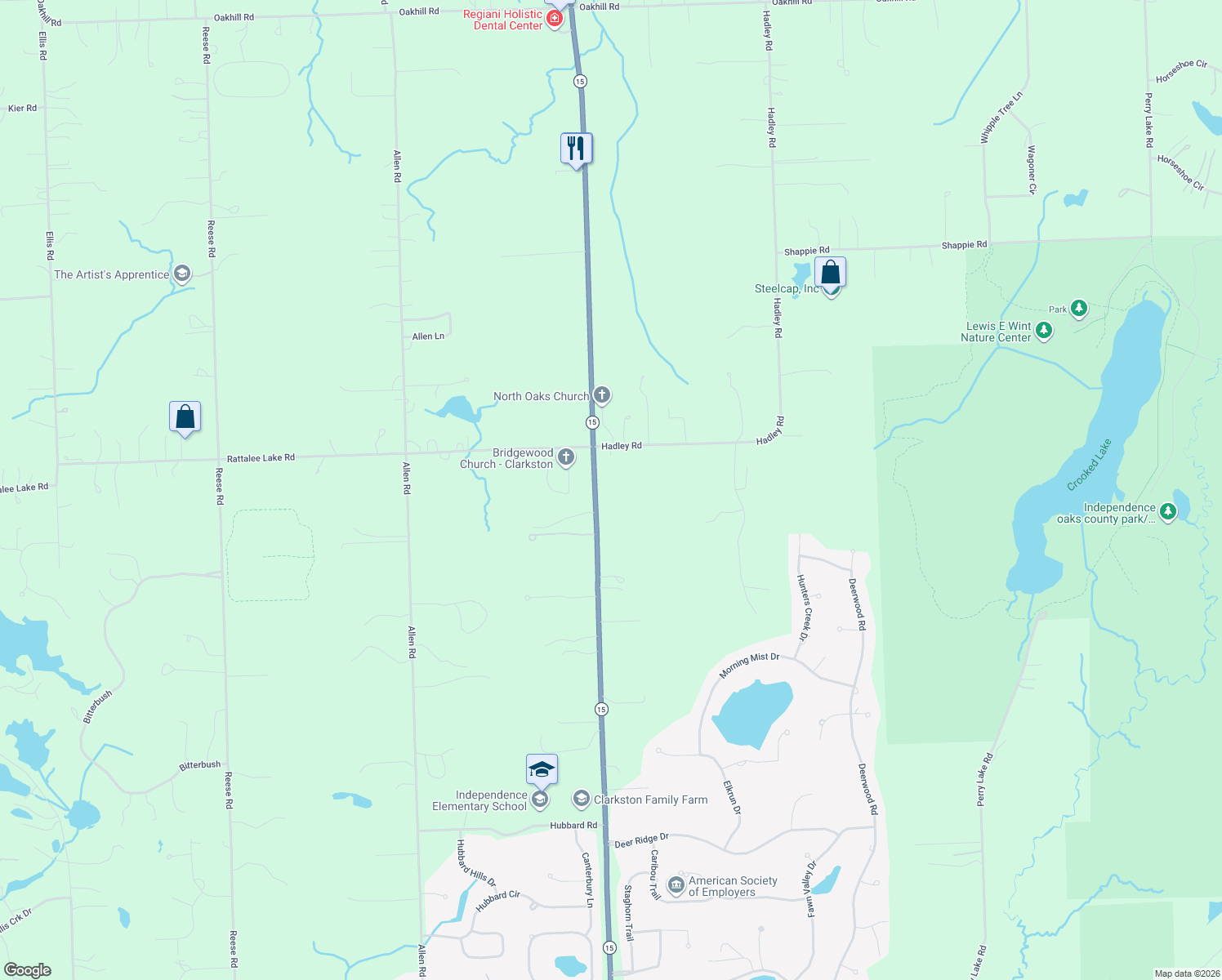 map of restaurants, bars, coffee shops, grocery stores, and more near 9398 Ortonville Road in Clarkston
