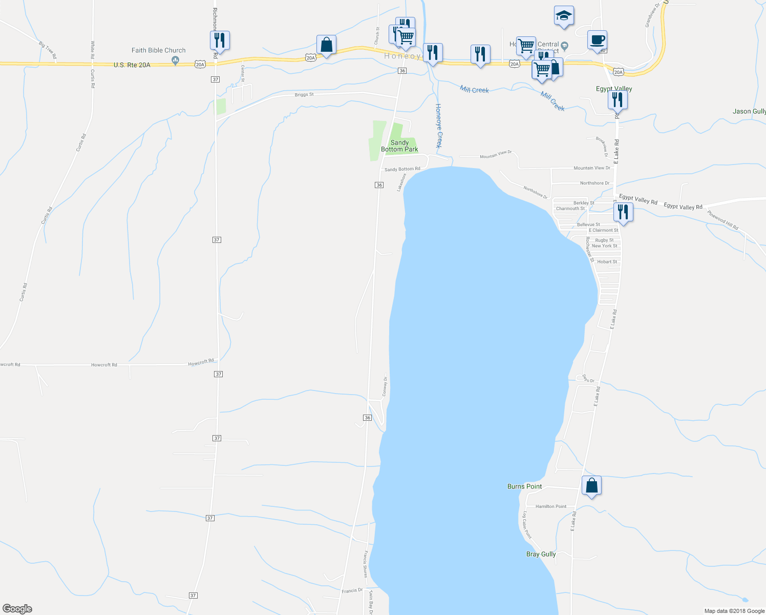 map of restaurants, bars, coffee shops, grocery stores, and more near 5141 Co Road 36 in Honeoye