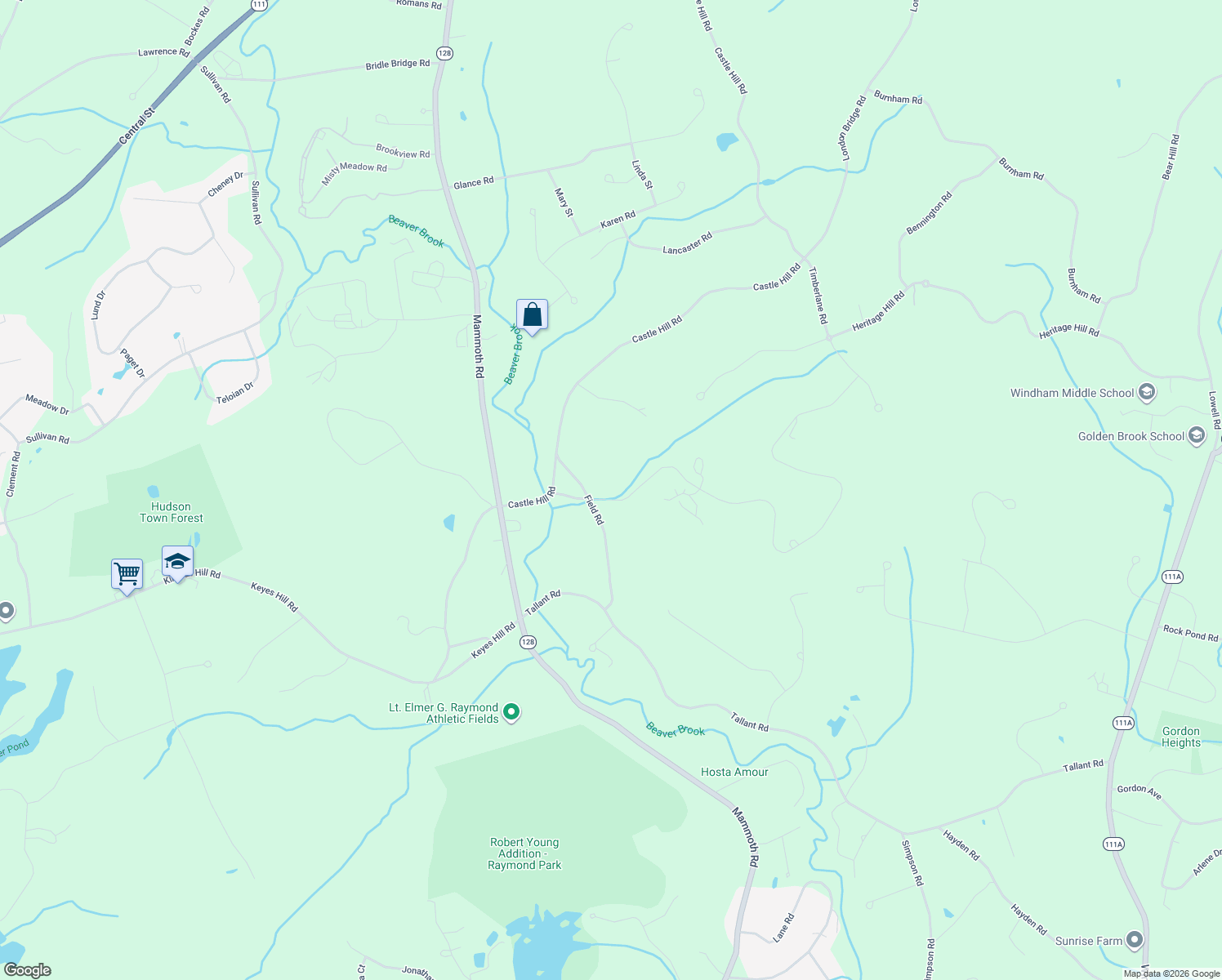map of restaurants, bars, coffee shops, grocery stores, and more near 7 Field Road in Windham