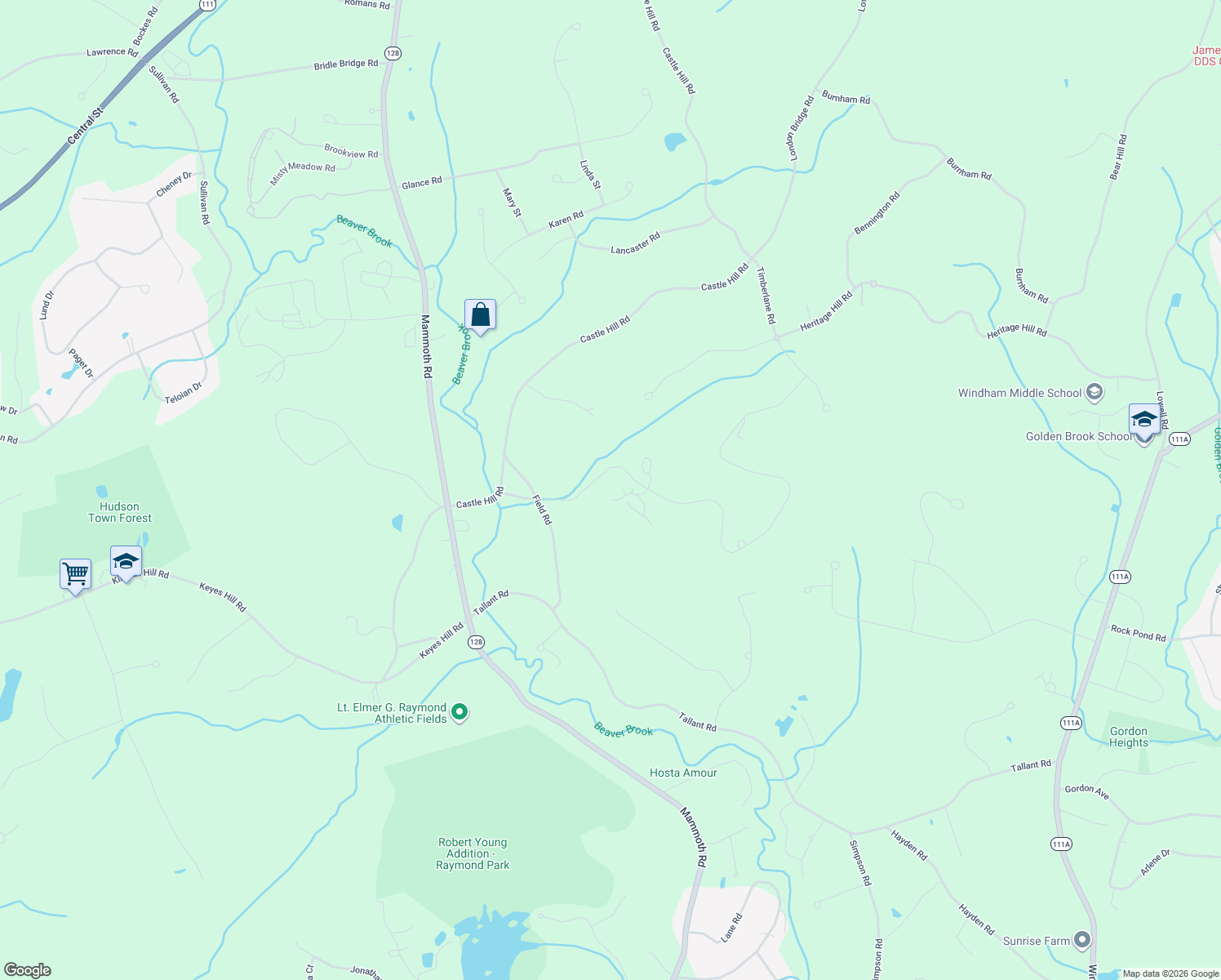 map of restaurants, bars, coffee shops, grocery stores, and more near 9-99 Field Road in Windham