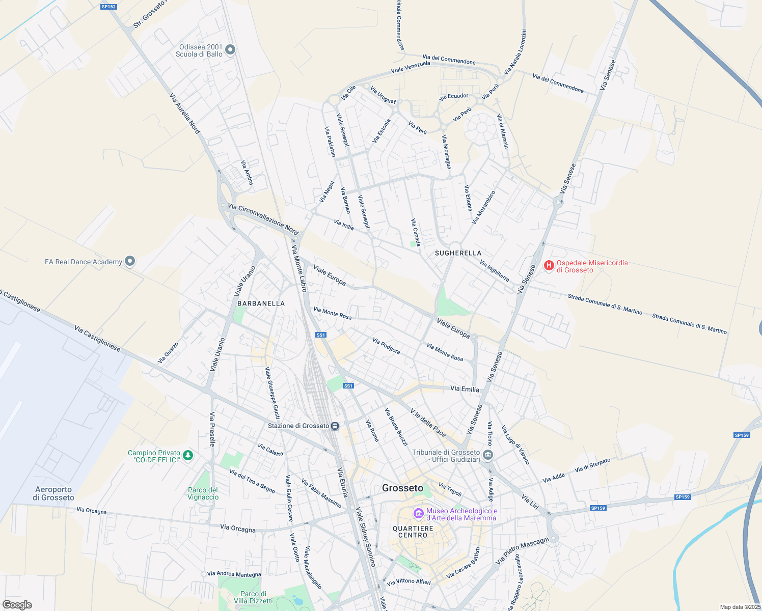 map of restaurants, bars, coffee shops, grocery stores, and more near 67 Viale Europa in Grosseto