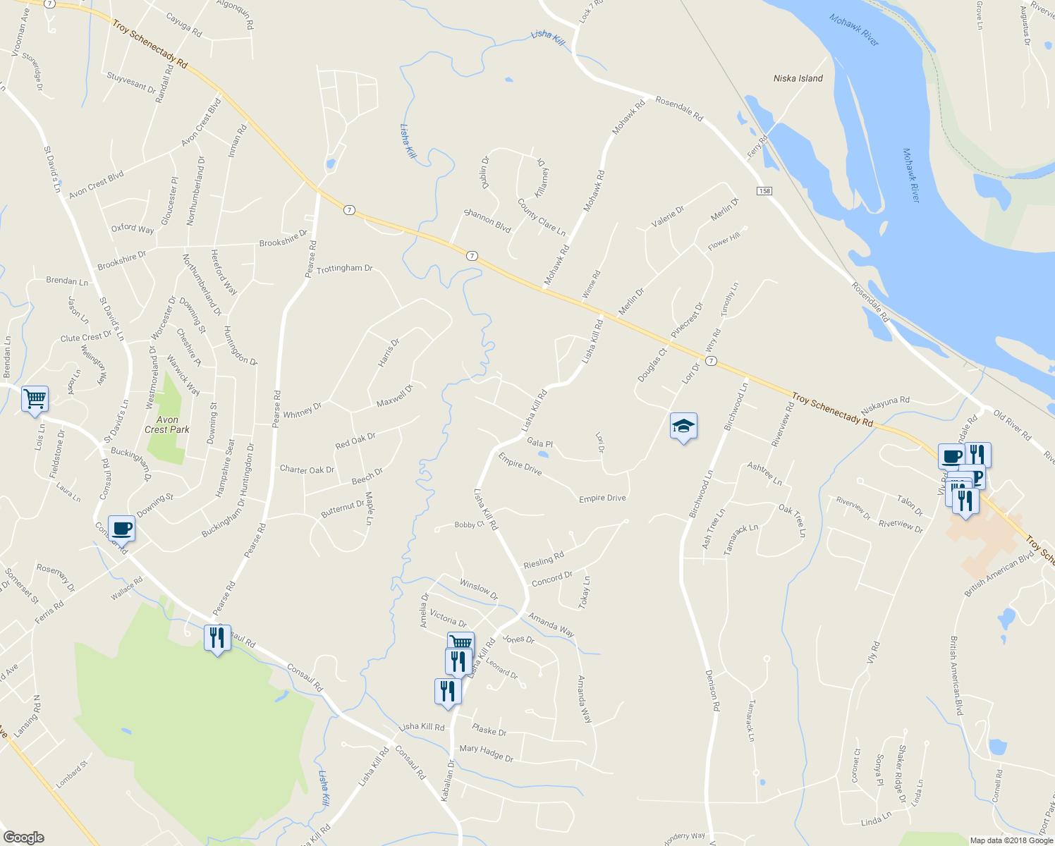 map of restaurants, bars, coffee shops, grocery stores, and more near 763 Lisha Kill Road in Schenectady County
