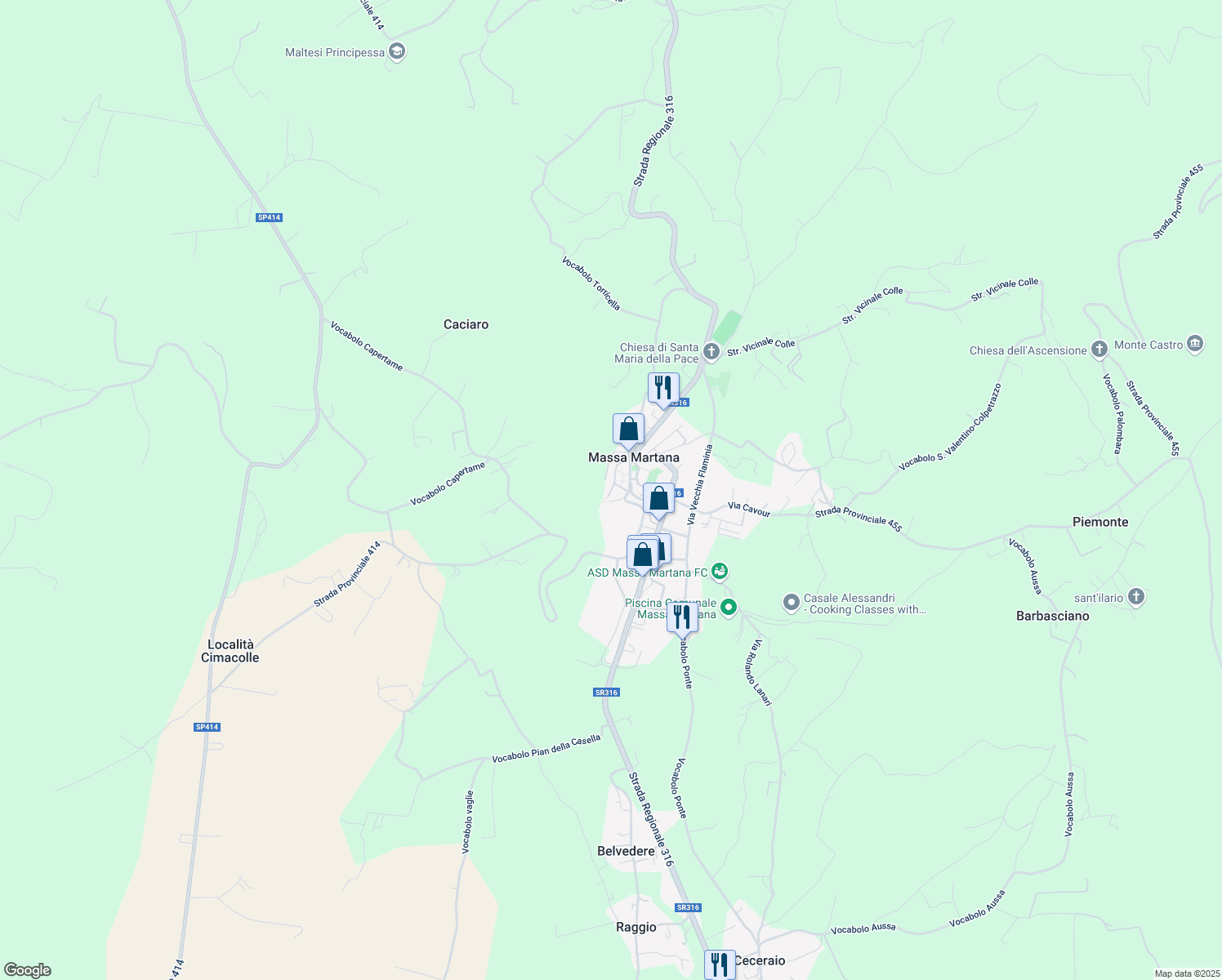 map of restaurants, bars, coffee shops, grocery stores, and more near 2 Via Mentana in Massa Martana