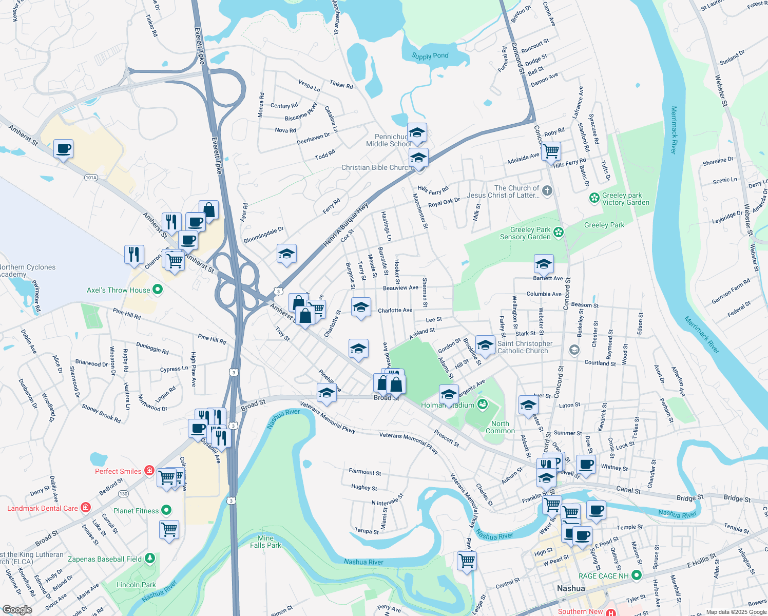 map of restaurants, bars, coffee shops, grocery stores, and more near 41 Charlotte Avenue in Nashua