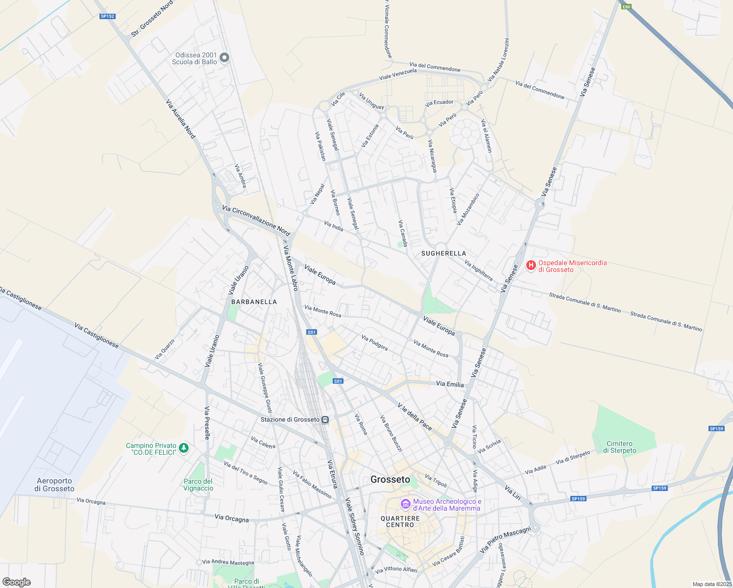 map of restaurants, bars, coffee shops, grocery stores, and more near 67 Viale Europa in Grosseto