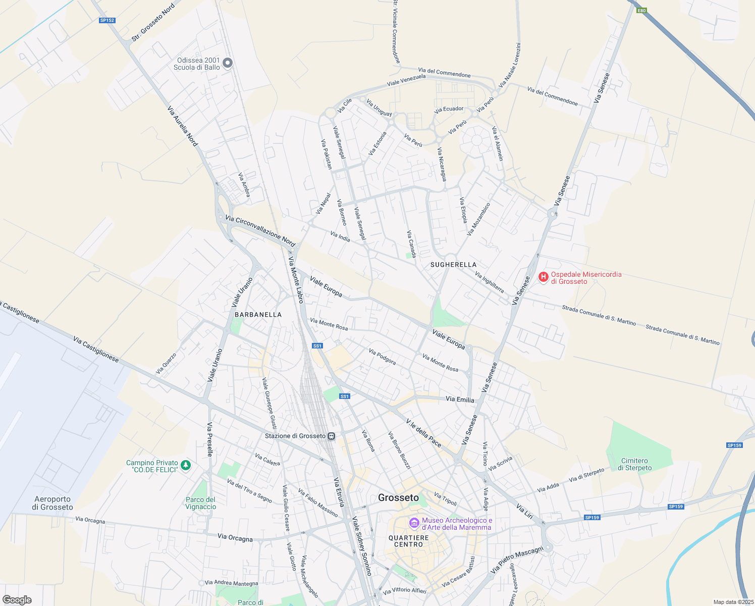 map of restaurants, bars, coffee shops, grocery stores, and more near 67 Viale Europa in Grosseto