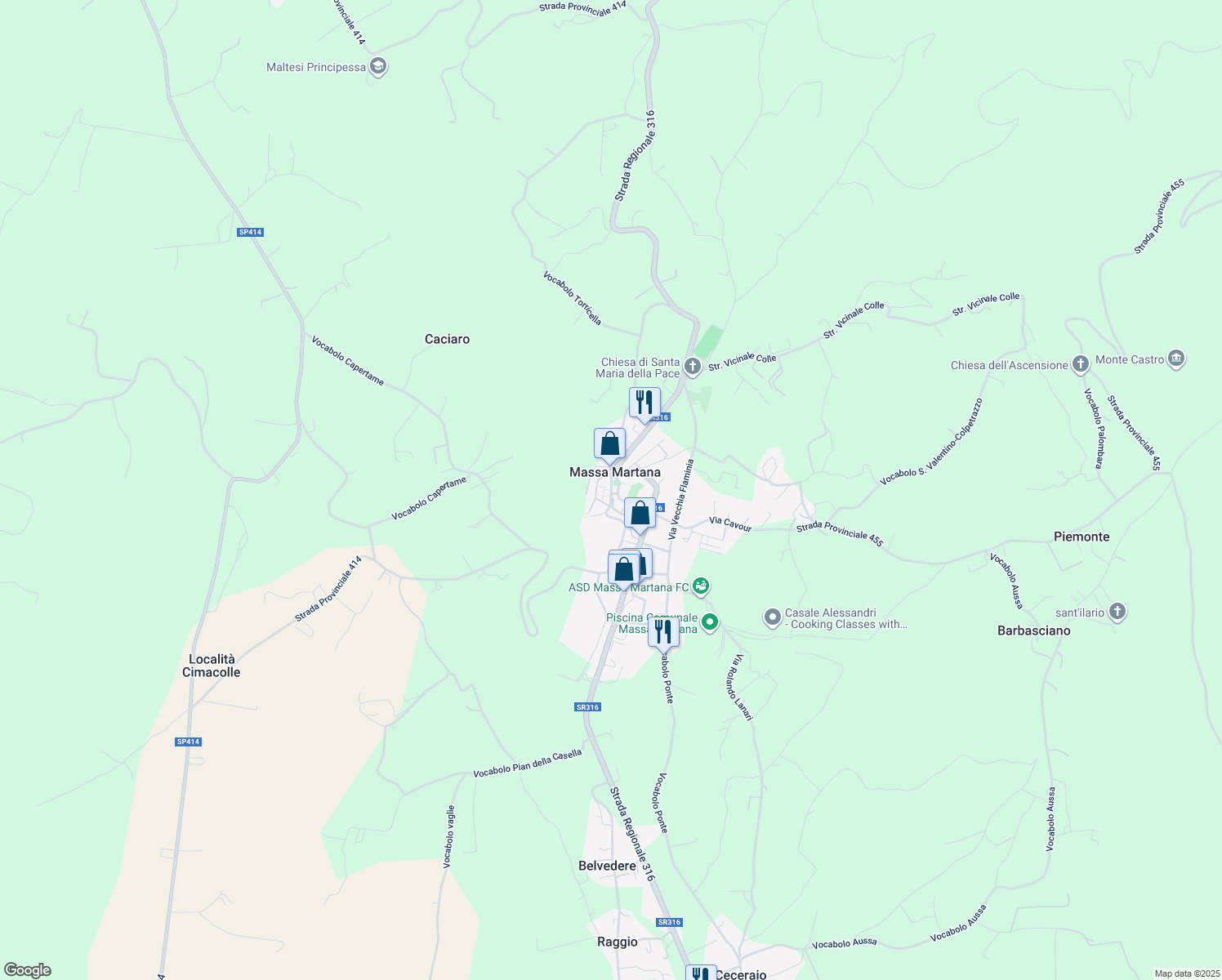 map of restaurants, bars, coffee shops, grocery stores, and more near 2 Via Mentana in Massa Martana