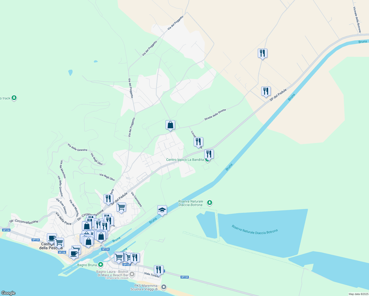 map of restaurants, bars, coffee shops, grocery stores, and more near 3 Strada Provinciale del Padule in Provincia di Grosseto