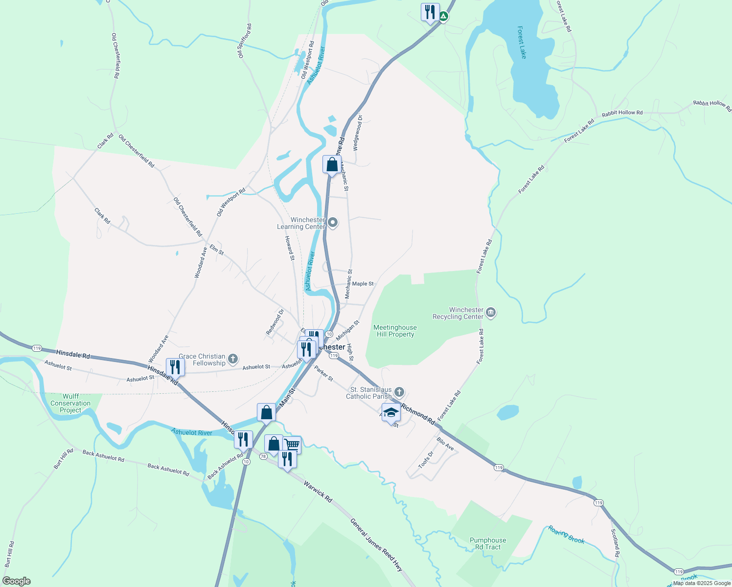 map of restaurants, bars, coffee shops, grocery stores, and more near 66 Michigan Street in Winchester